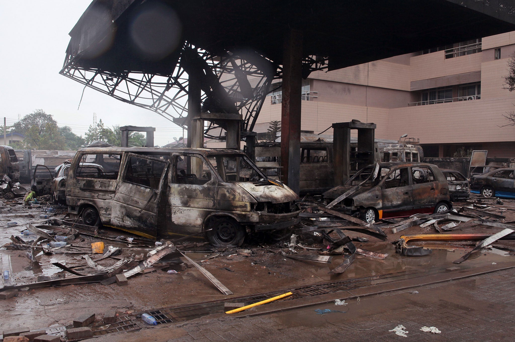 The remains of a petrol station that exploded during flooding in Accra, Ghana