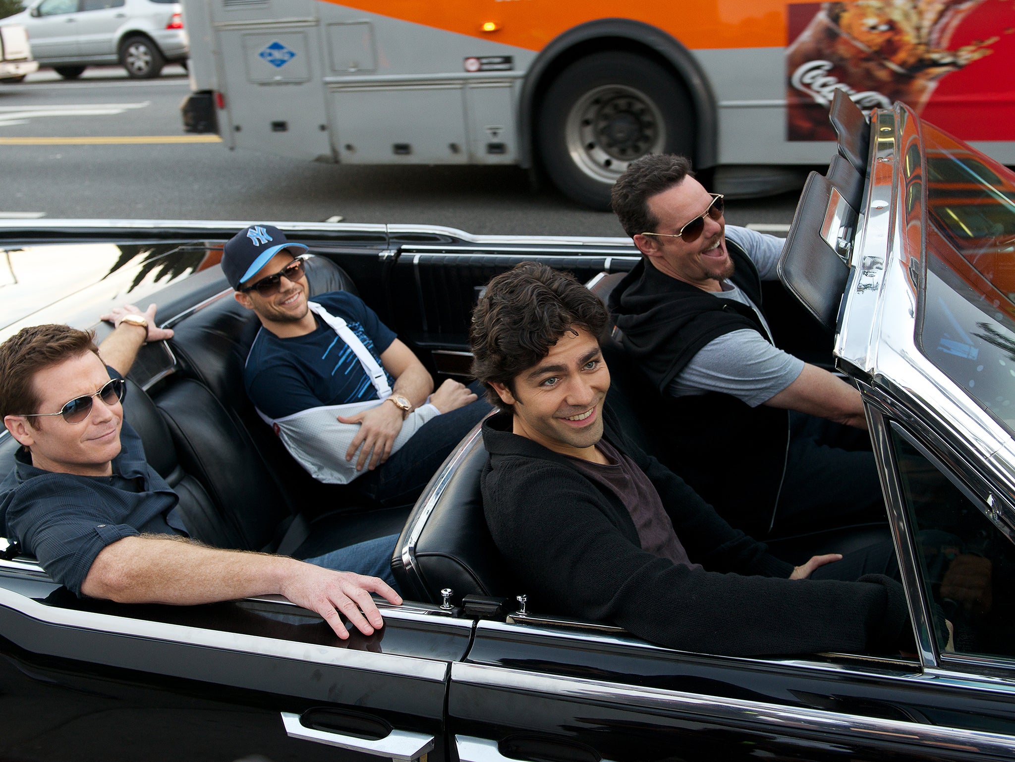 The main crew, driving top down in a still from Entourage