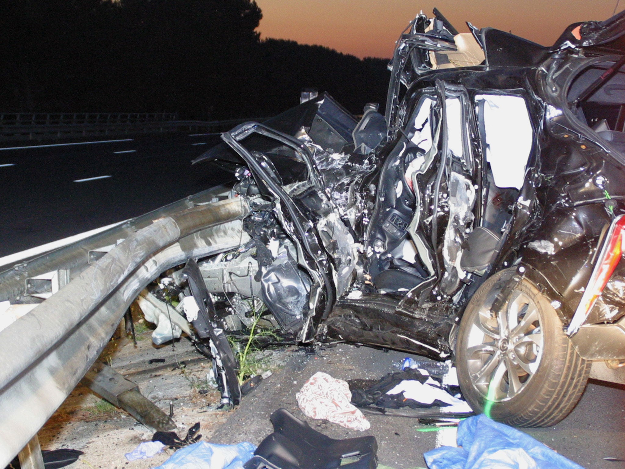 The wreckage of car belonging to rugby player Jerry Collins