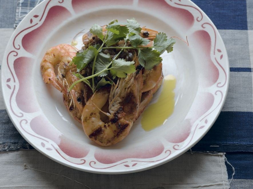 Grilled tiger prawns with chili and red-onion chutney (photograph: Jason Lowe)