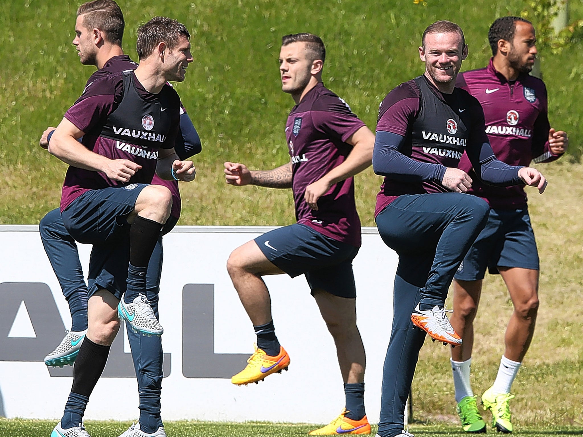 Jordan Henderson (left) training with his England team-mates ahead of tomorrow’s friendly in Dublin