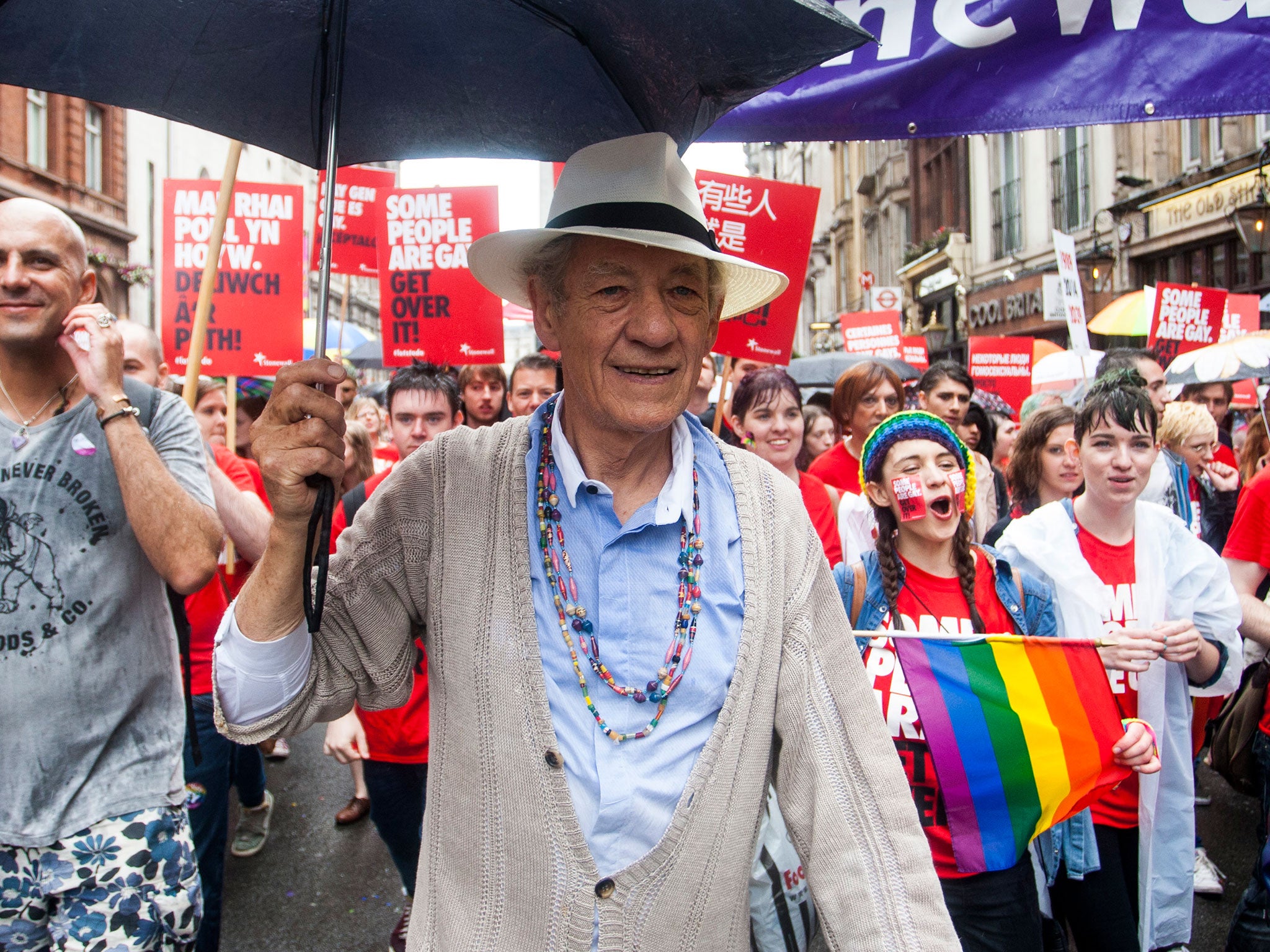 Sir Ian McKellen takes part in the annual Pride In London parade on June 28, 2014