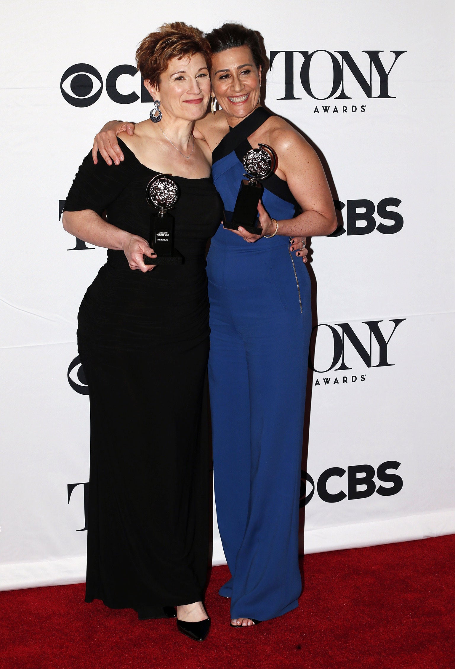 Lisa Kron (L) and Jeanine Tesori, winners of the award for Best Original Score (Music and/or Lyrics) Written for the Theatre for 'Fun Home'