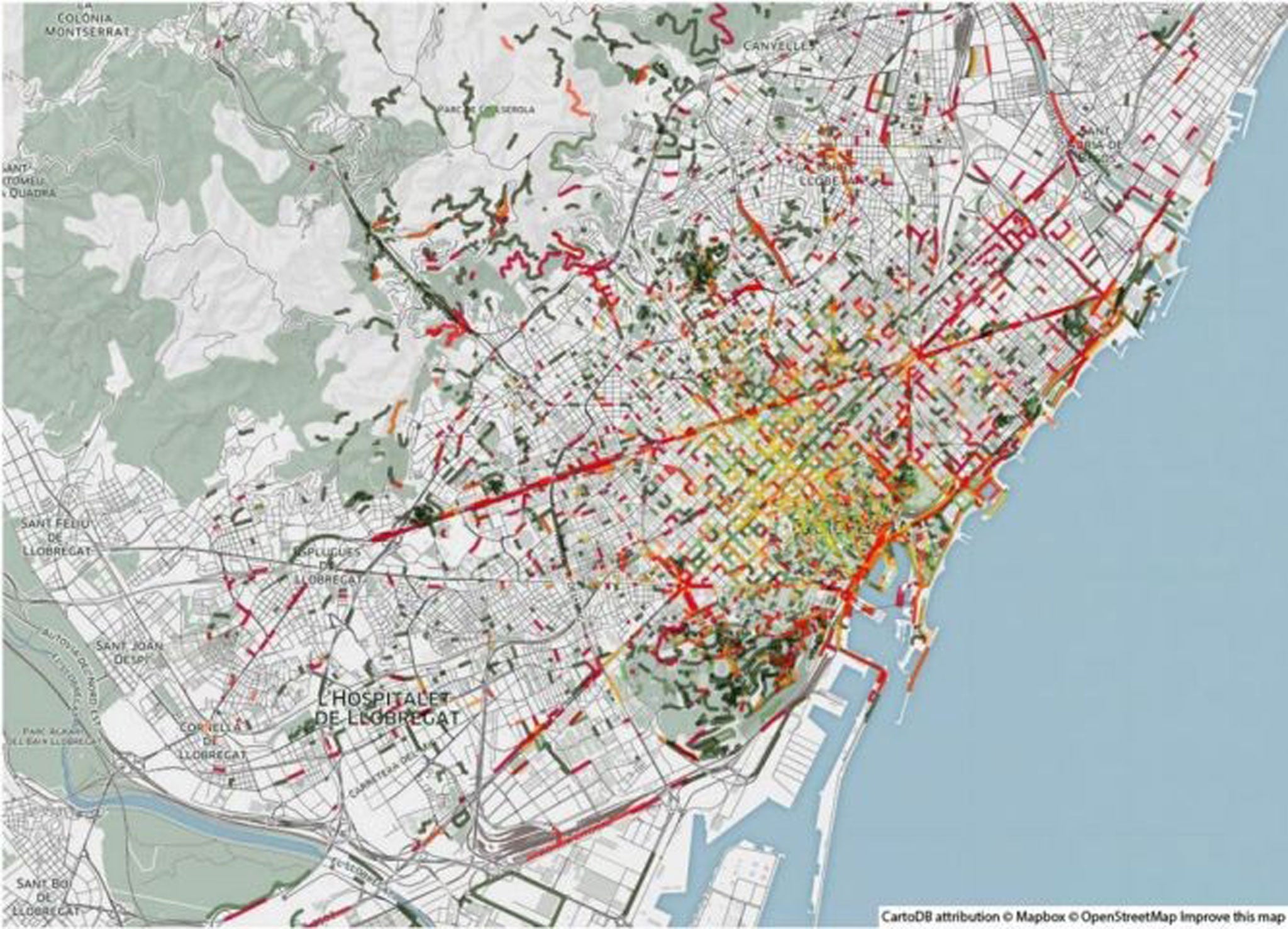 A smell map of Barcelona, with exhaust smells in red, and nature smells in green