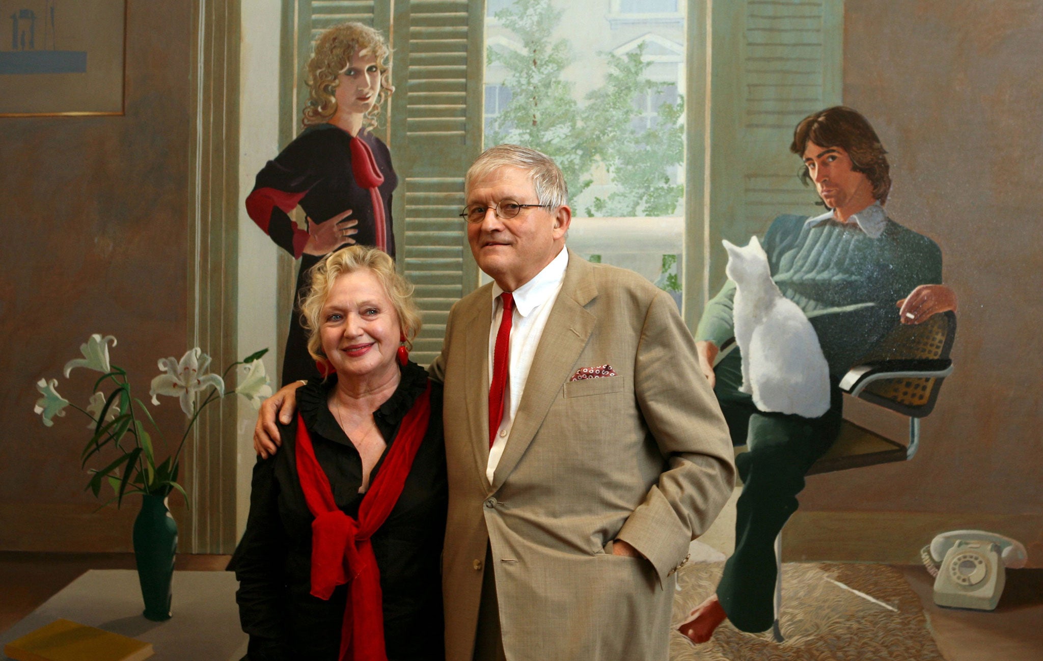 Birtwell with David Hockney, in front of his 'Mr and Mrs Clark and Percy', in 2006 (Rex)