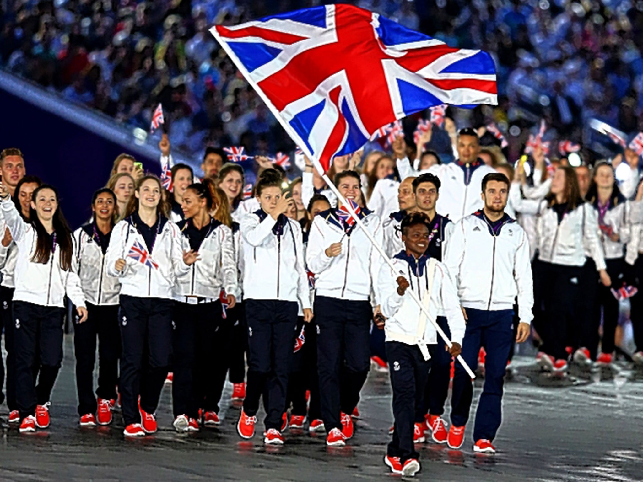 Boxer Nicola Adams leads the British team into the National Stadium in Baku during the opening ceremony last night