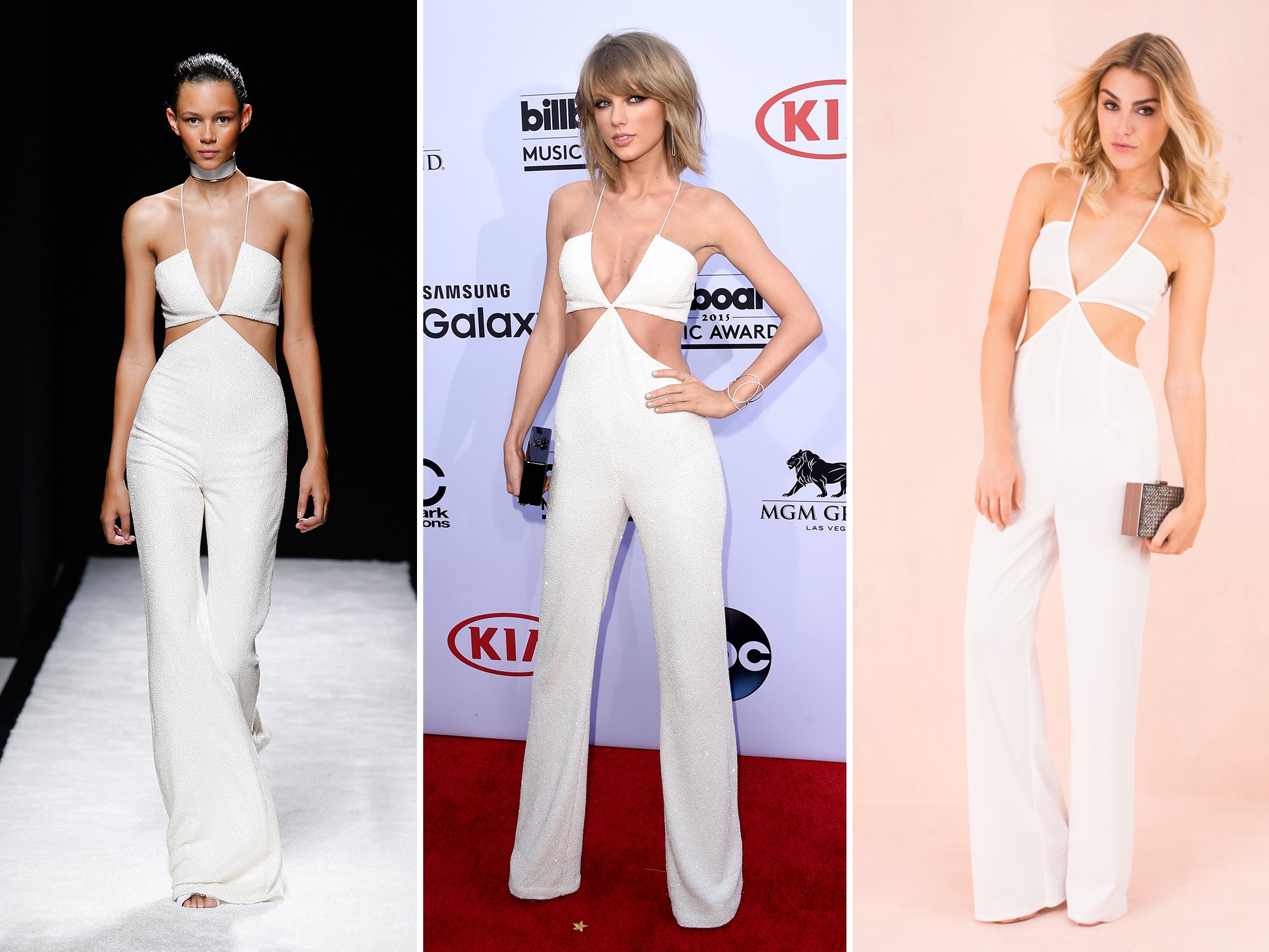 The trickle down effect: Balmain’s jumpsuit on the catwalk; on Taylor Swift; a high street version by label Missy Empire, priced at just £27.99