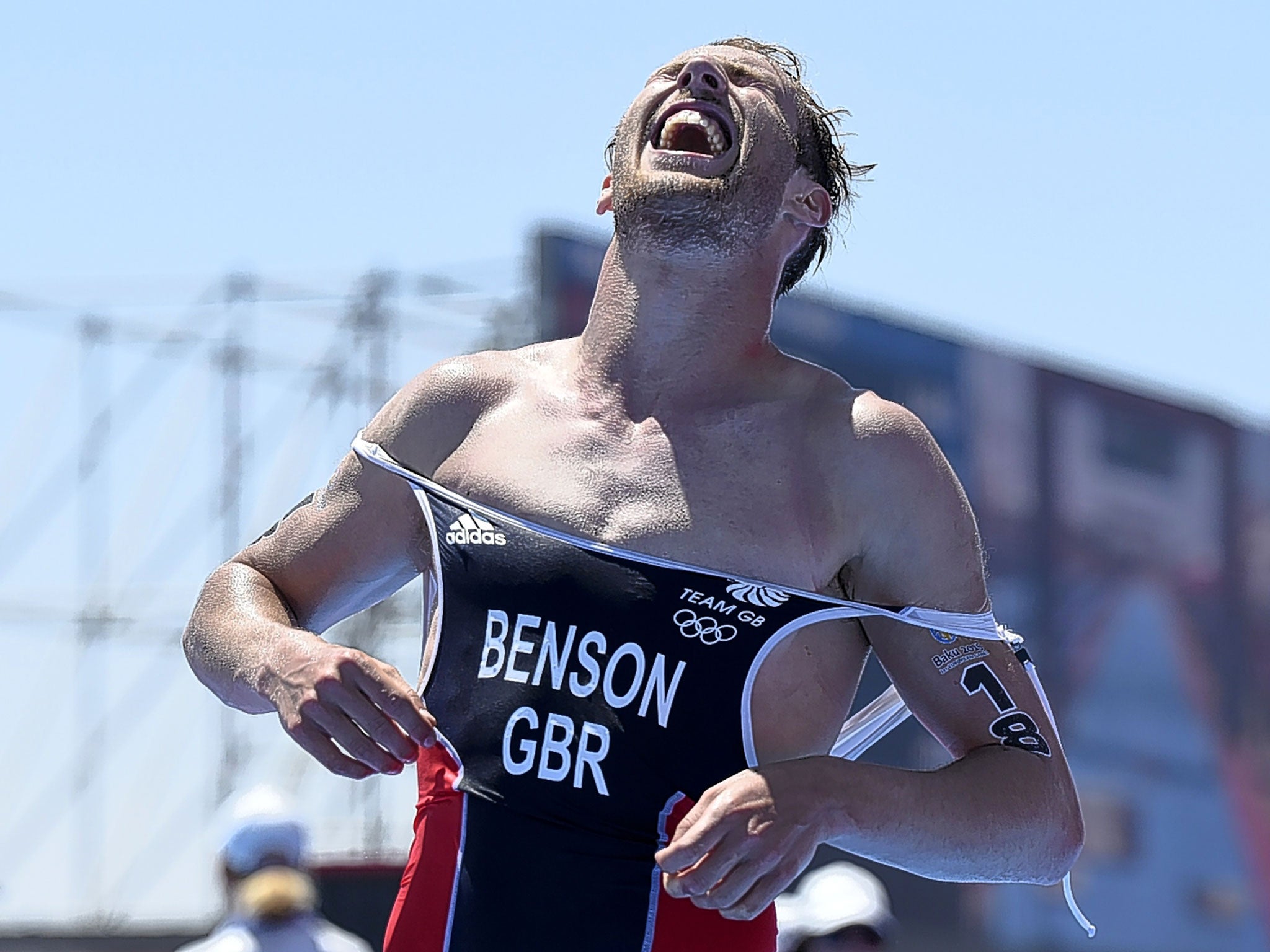 An exhausted Gordon Benson after securing triathlon gold in Baku