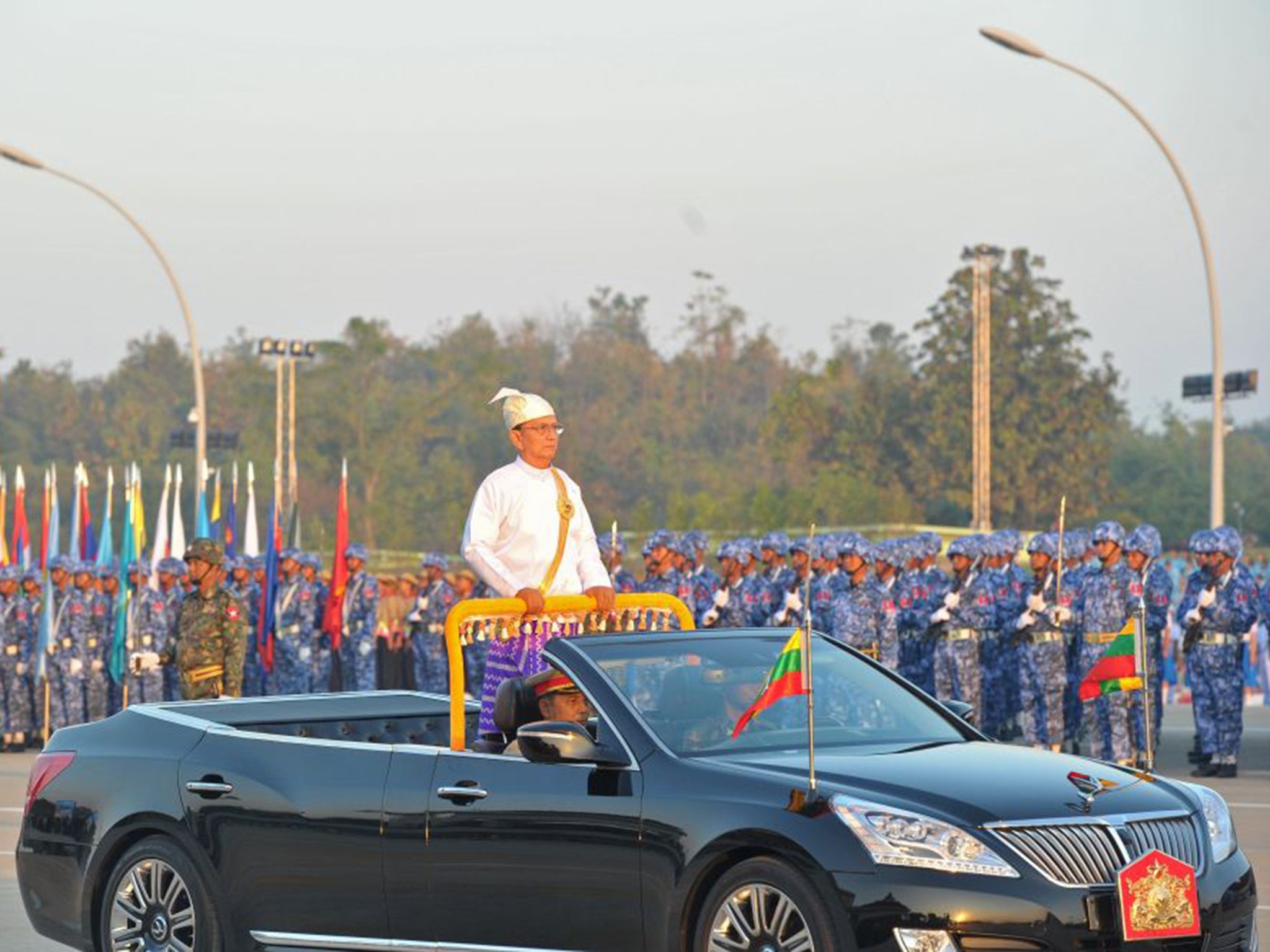 President Thein Sein inspects troops during the 67th Myanmar Independence Day Grand Military Review parade in January. The country, formerly known as Burma, gained independence from Britain on January 4th, 1948