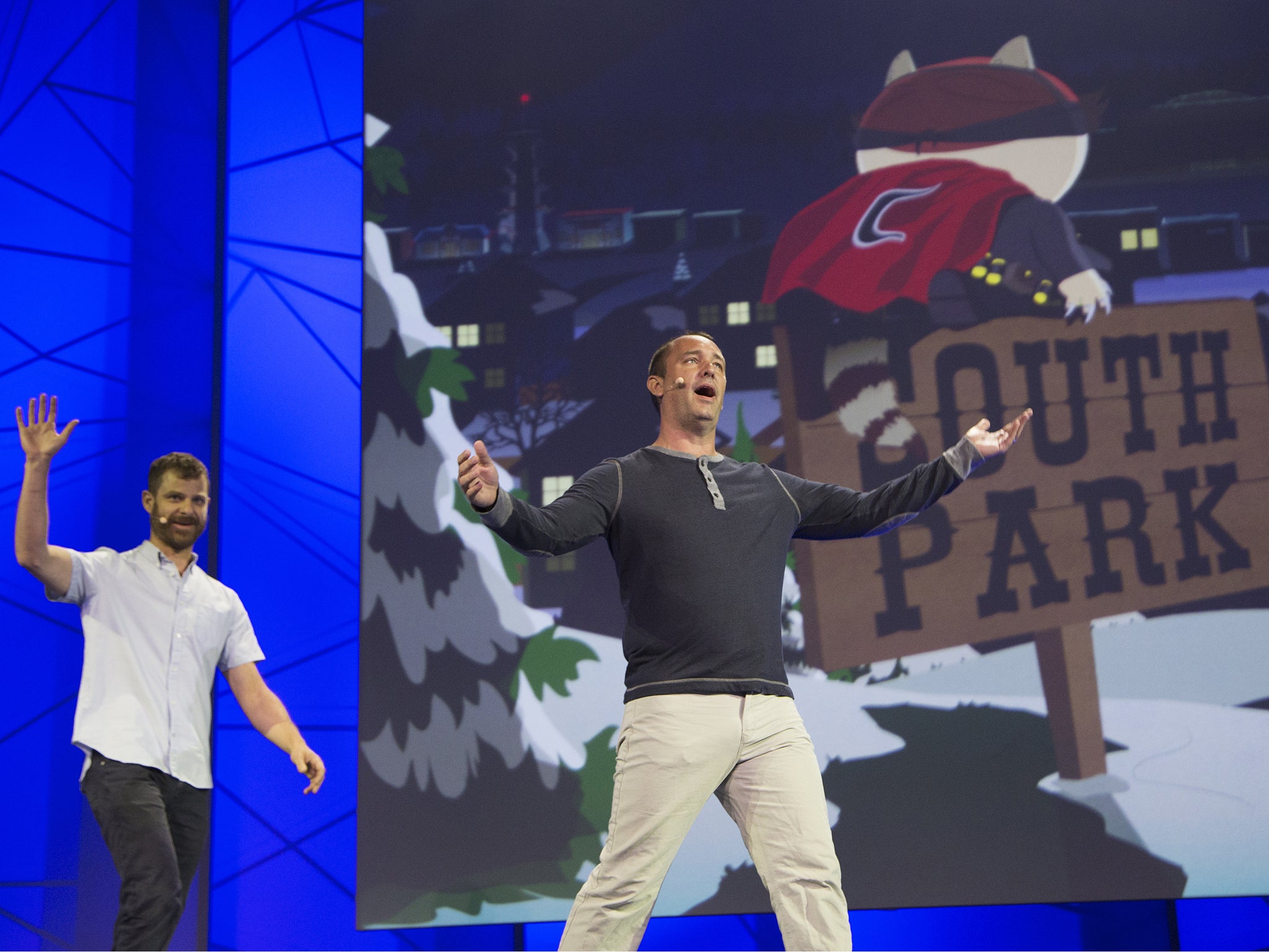 South Park co-founders Matt Stone and Trey Parker (R) appear at the Ubisoft E3 Conference on June 15, 2015 in Los Angeles, California