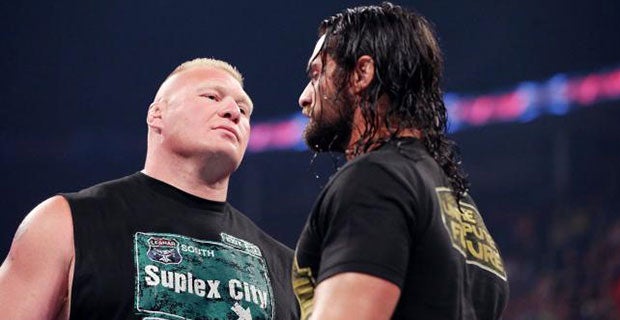 Lesnar confronts Rollins who can't look his opponent in the eye