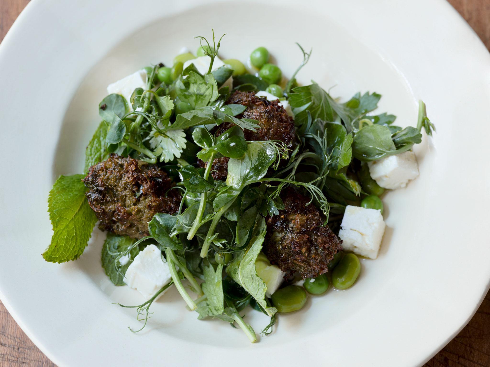 Spring vegetable salad with falafel and feta