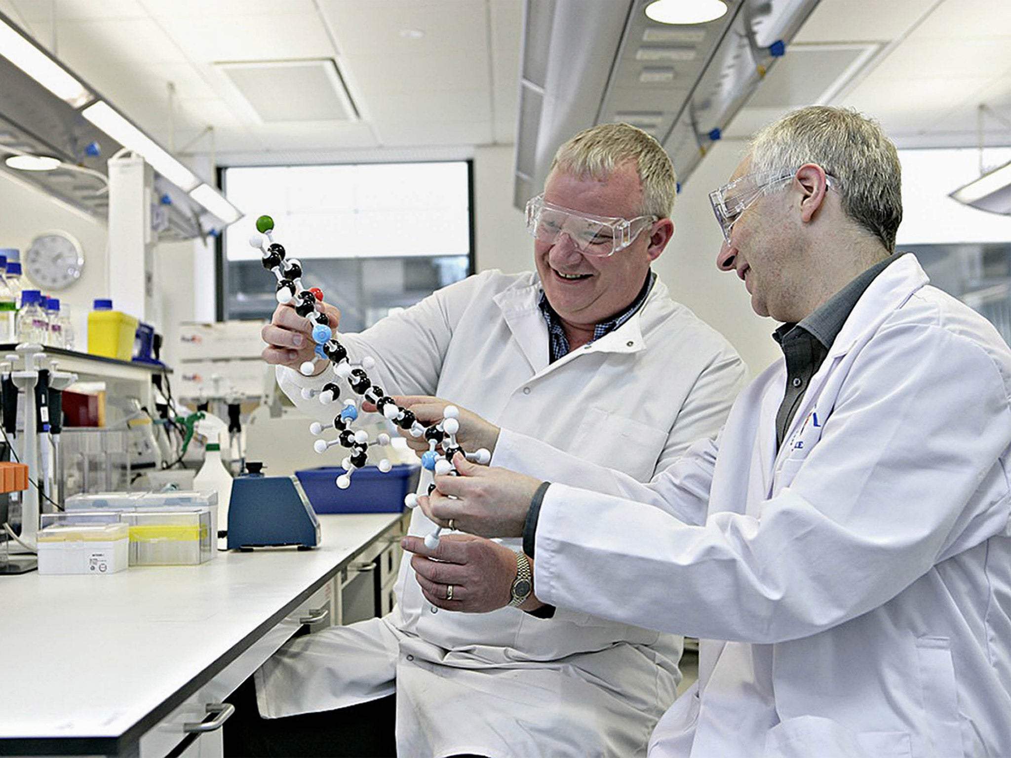 Dr Kevin Read, left, and Professor Ian Gilbert from Dundee University, work on the latest antimalarial compound