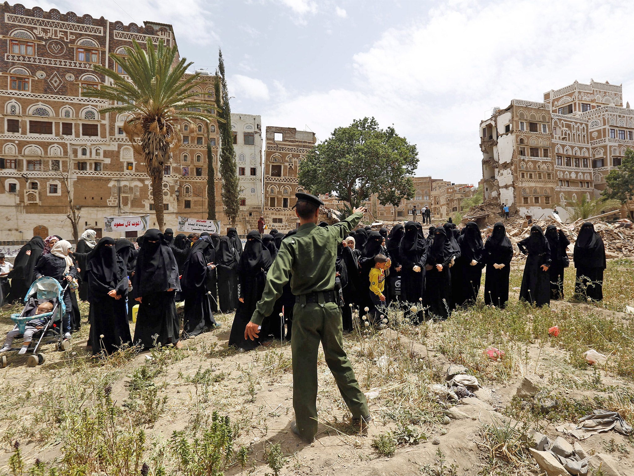 A rally on Tuesday protesting against an air strike by the Saudi-led coalition which destroyed several historic buildings in the old city of Sanaa and killed seven people