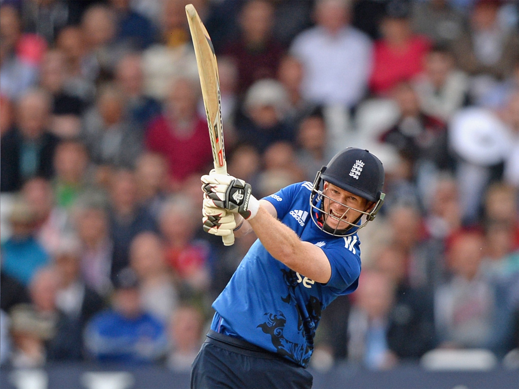 Eoin Morgan smashes a six during his stunning innings of 113 (Getty)