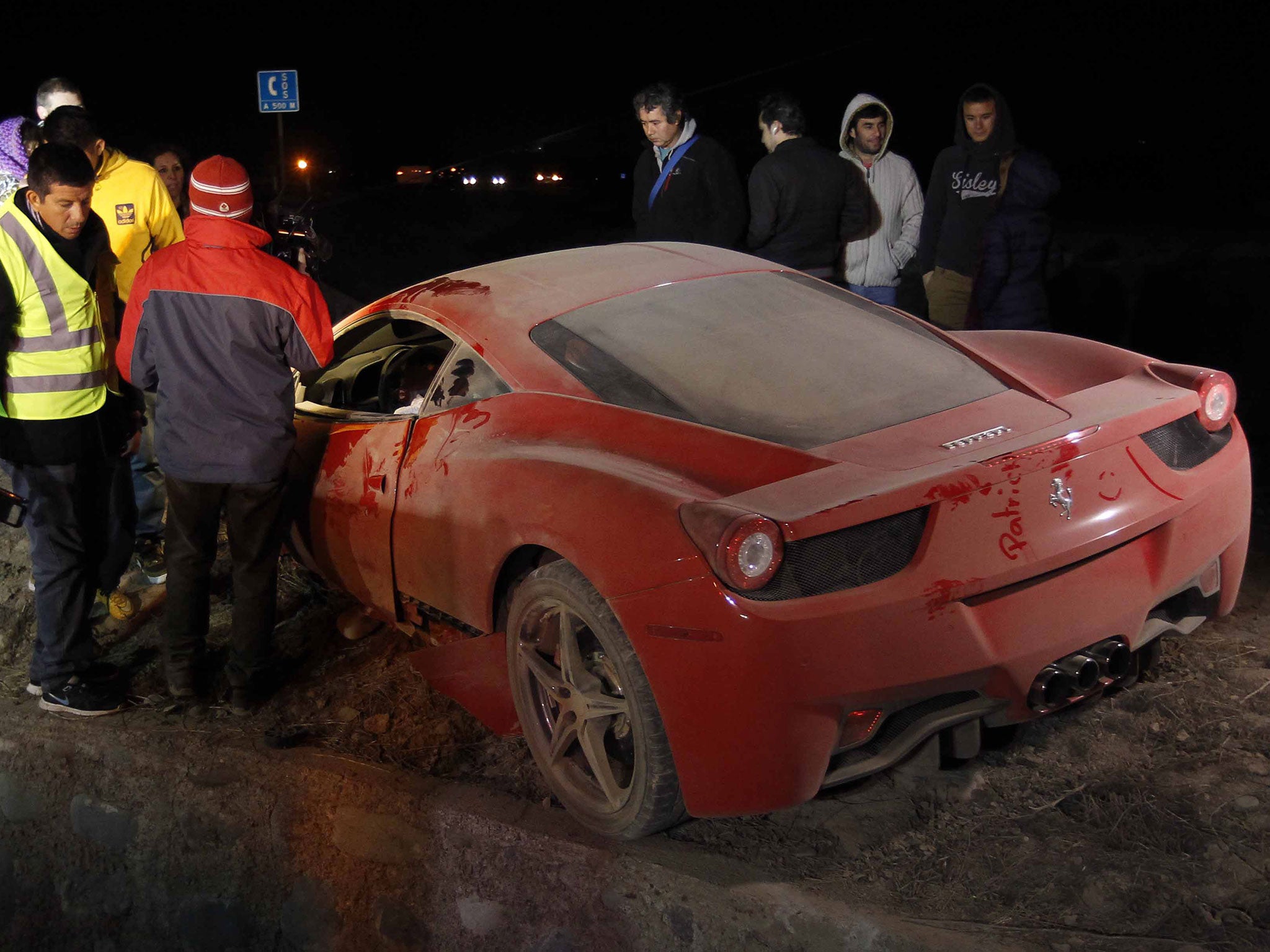 The wreckage of Vidal's Ferrari after his crash