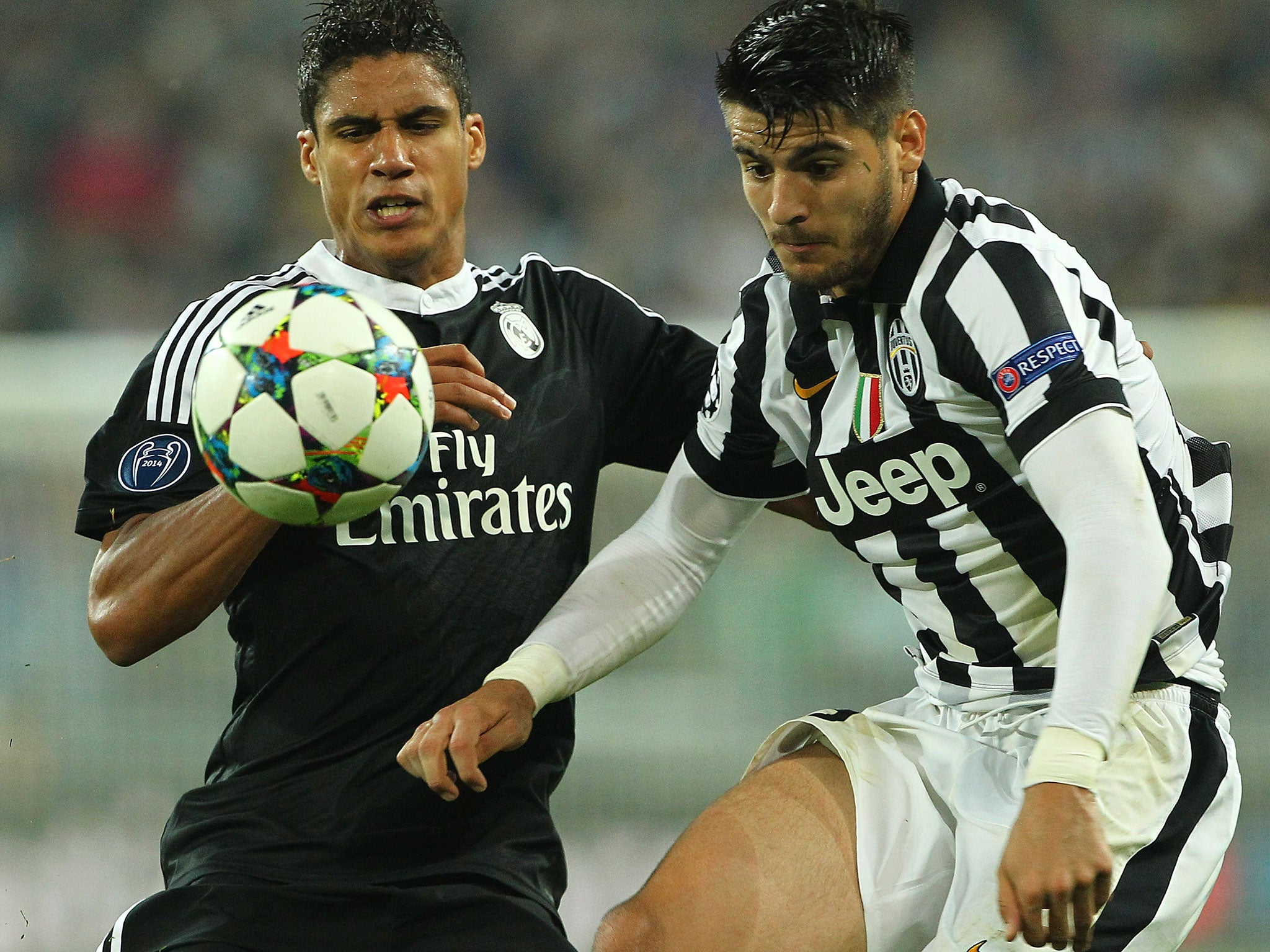 Varane tussels with former Real Madrid striker Alvaro Morata