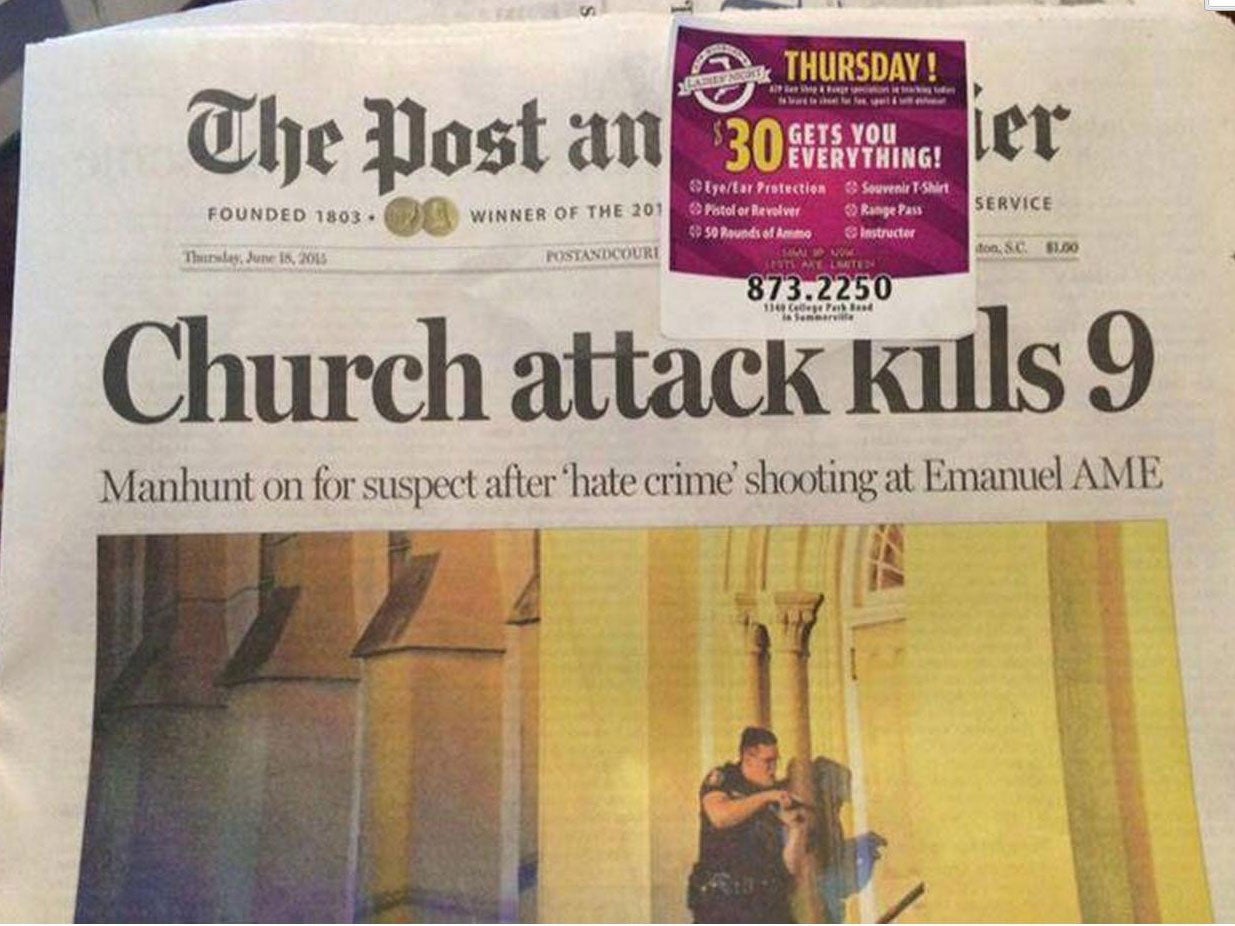 An advert for a gun shop was accidentally stuck on to a local paper's front page in Charleston the day after the church massacre