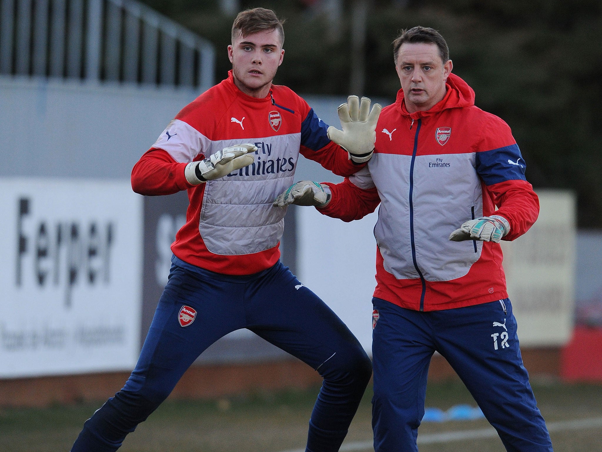 Tony Roberts with Arsenal's young 'keeper Ryan Huddart