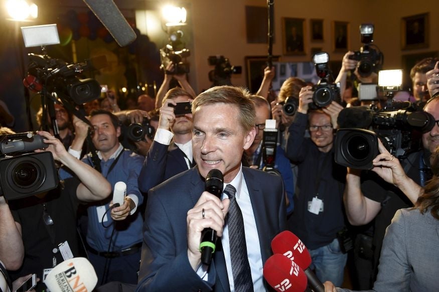 Danish People's Party (DF) leader Kristian Thulesen Dahl speaks to the press after election results in Copenhagen, Denmark