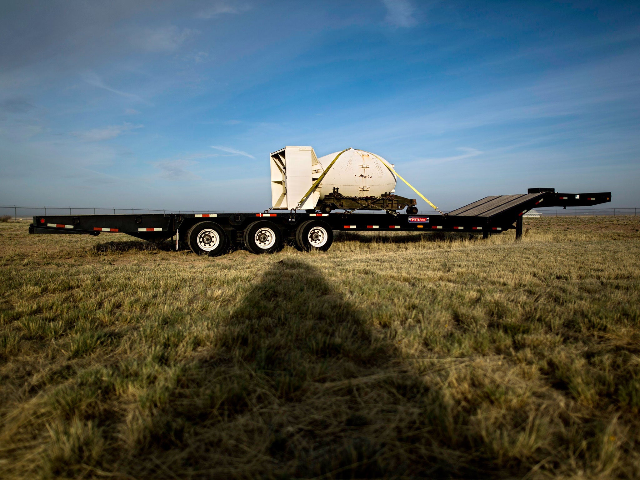 A replica of 'Fat Man,' the atomic bomb that the US dropped on Nagasaki, Japan in WWII , sits on a flatbed trailer at the at the Trinity Test Site, on White Sands Missile Range just outside San Antonio, New Mexico