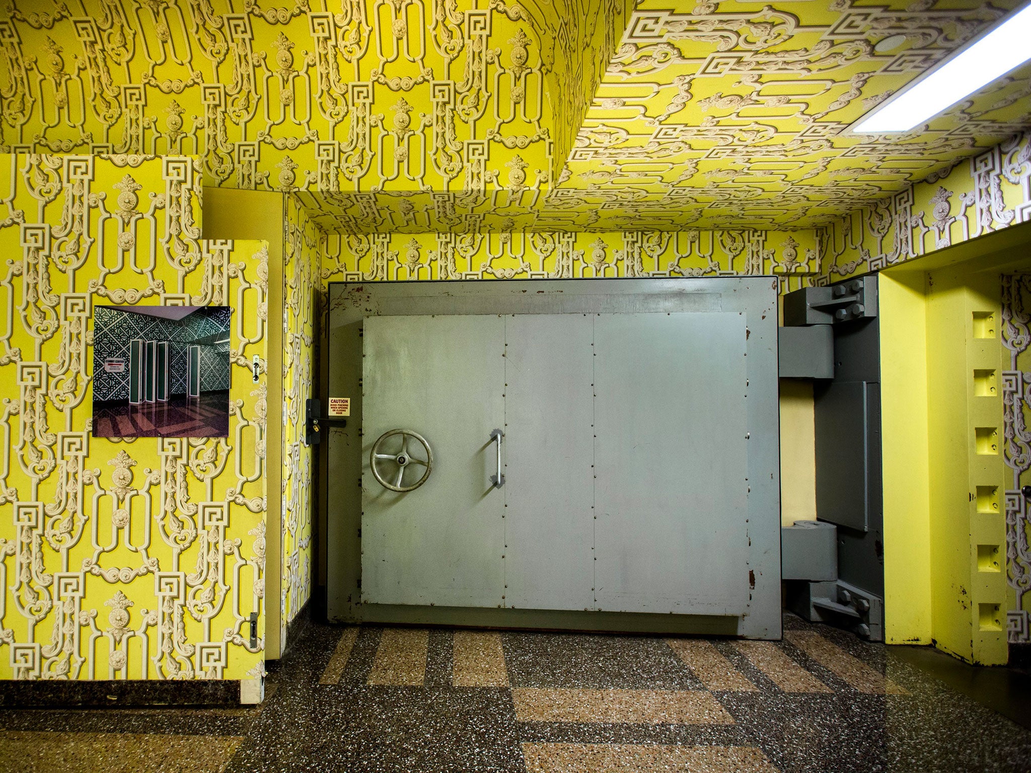 An 18-ton blast door that was once-hidden behind a moving panel is seen at the entrance to a once-secret Cold War nuclear bunker built for members of Congress beneath the Greenbrier, a four-star resort near White Sulphur Springs, West Virginia