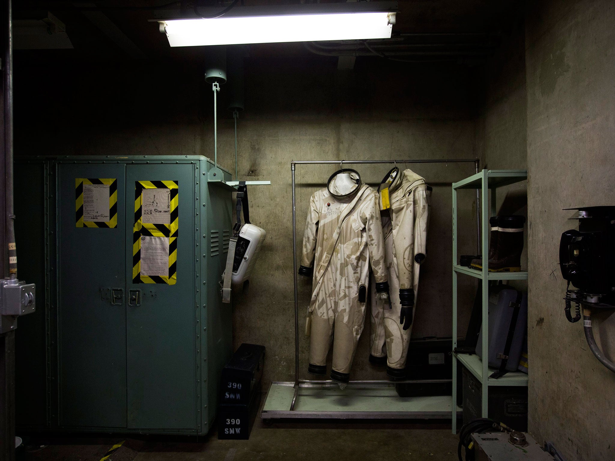 Two rocket fuel handler outfits, which were worn by propellant transfer system technicians, are seen at the Titan Missile Museum, which preserves a Titan II intercontinental ballistic missile, in Sahuarita, Arizona