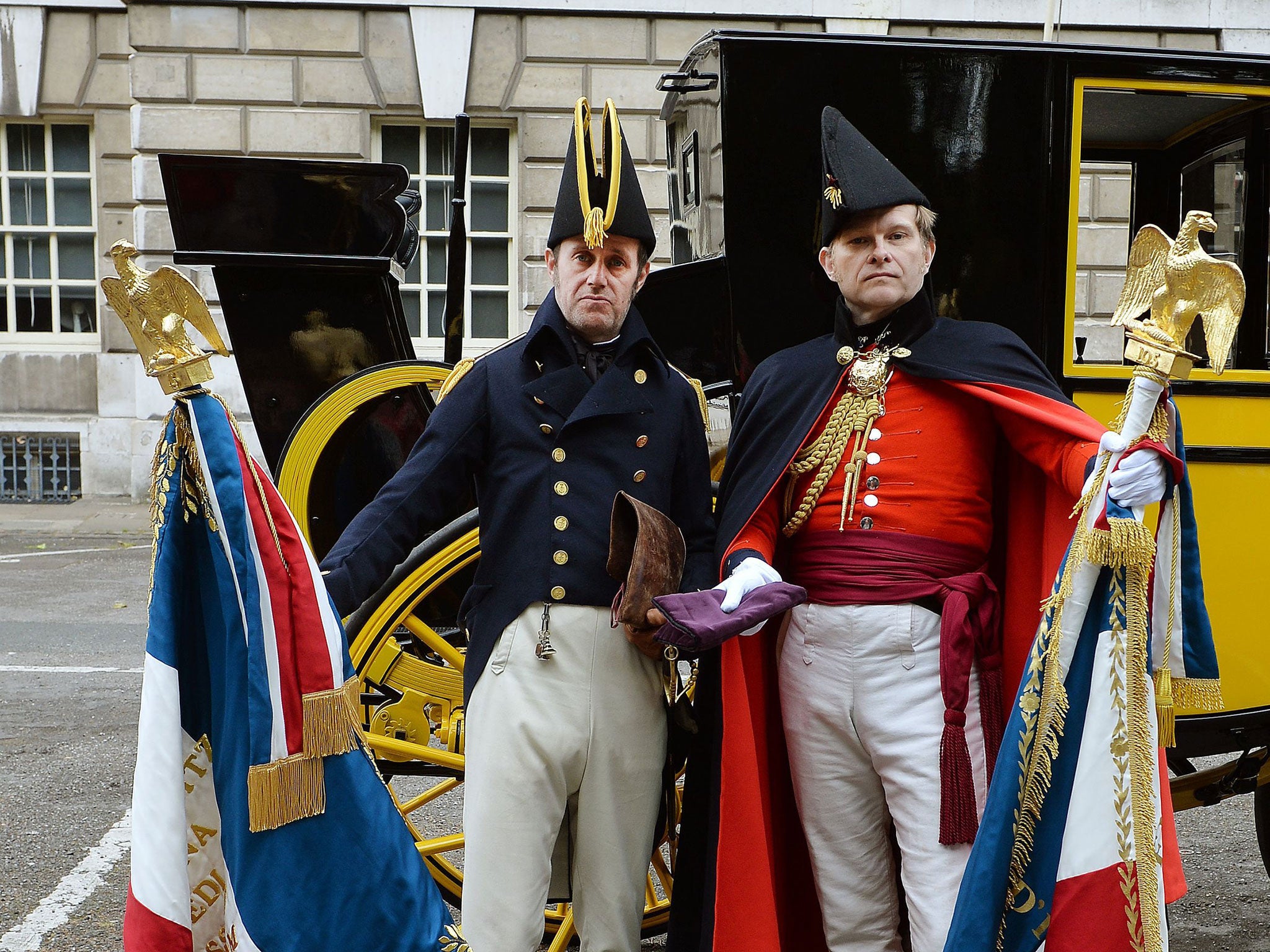 Michael Bradley, left, as Commander James White, and Julian Farrance as Maj Henry Percy with the victory message at the Old Royal Naval College, Greenwich