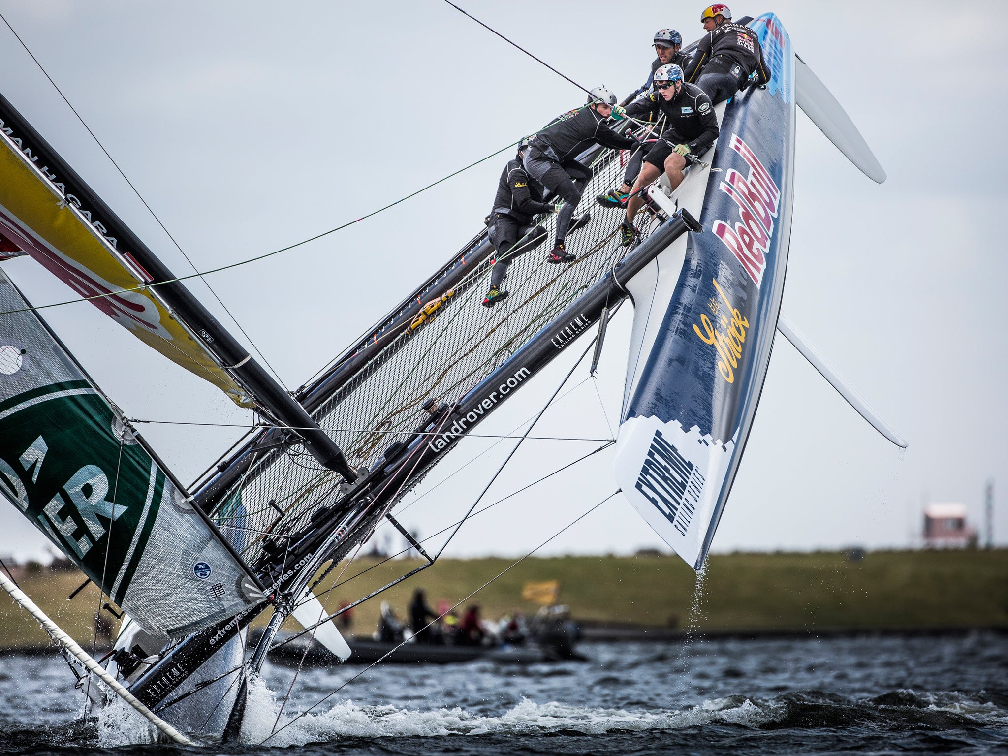 Hey-ho and up she rises but Red Bull managed to avoid capsizing when caught by a gust on the final day of the Extreme Sailing Series in Cardiff