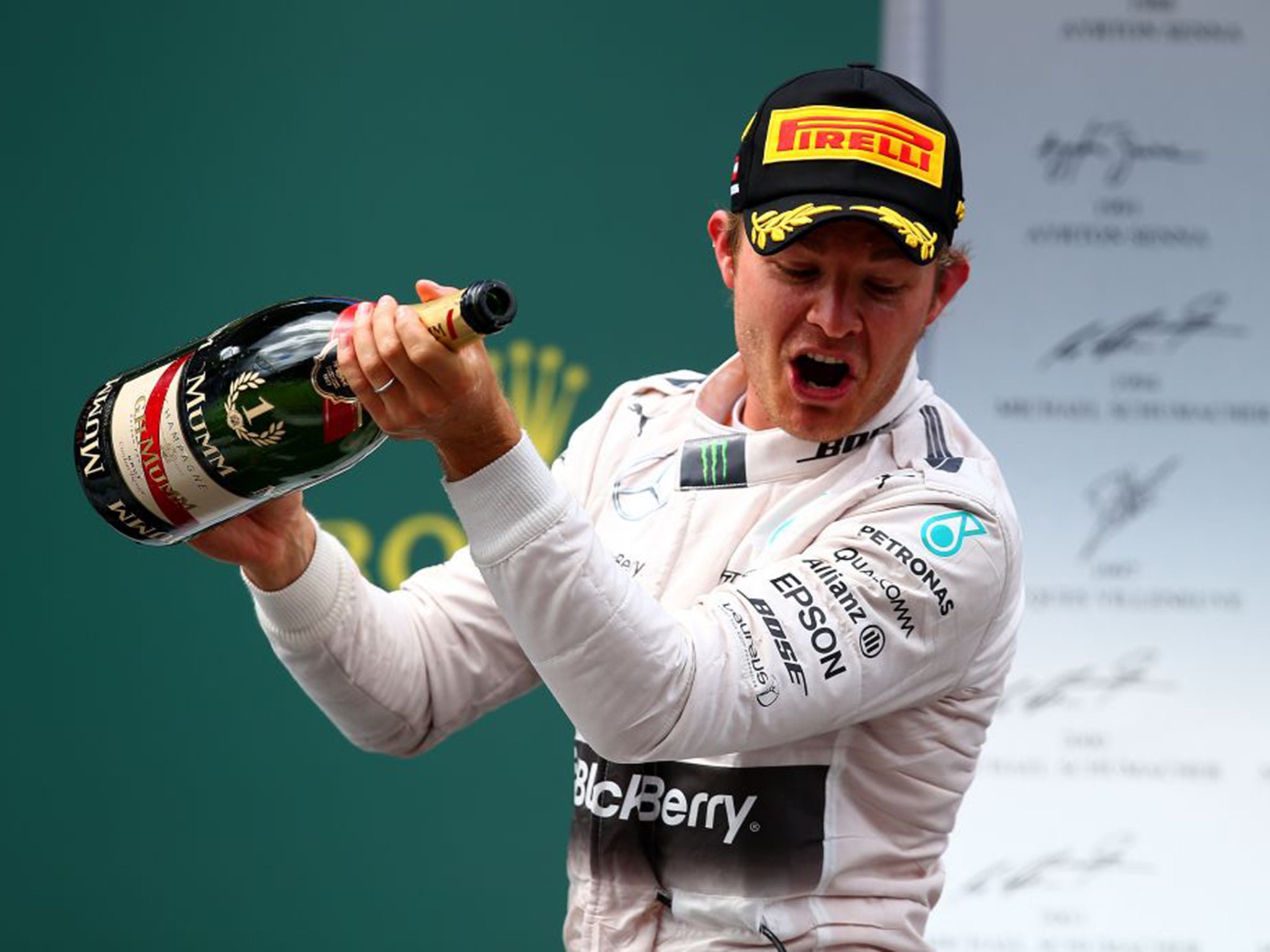 A bubbly Nico Rosberg celebrates victory in Austria on Sunday, the Mercedes driver’s third win in the last four races