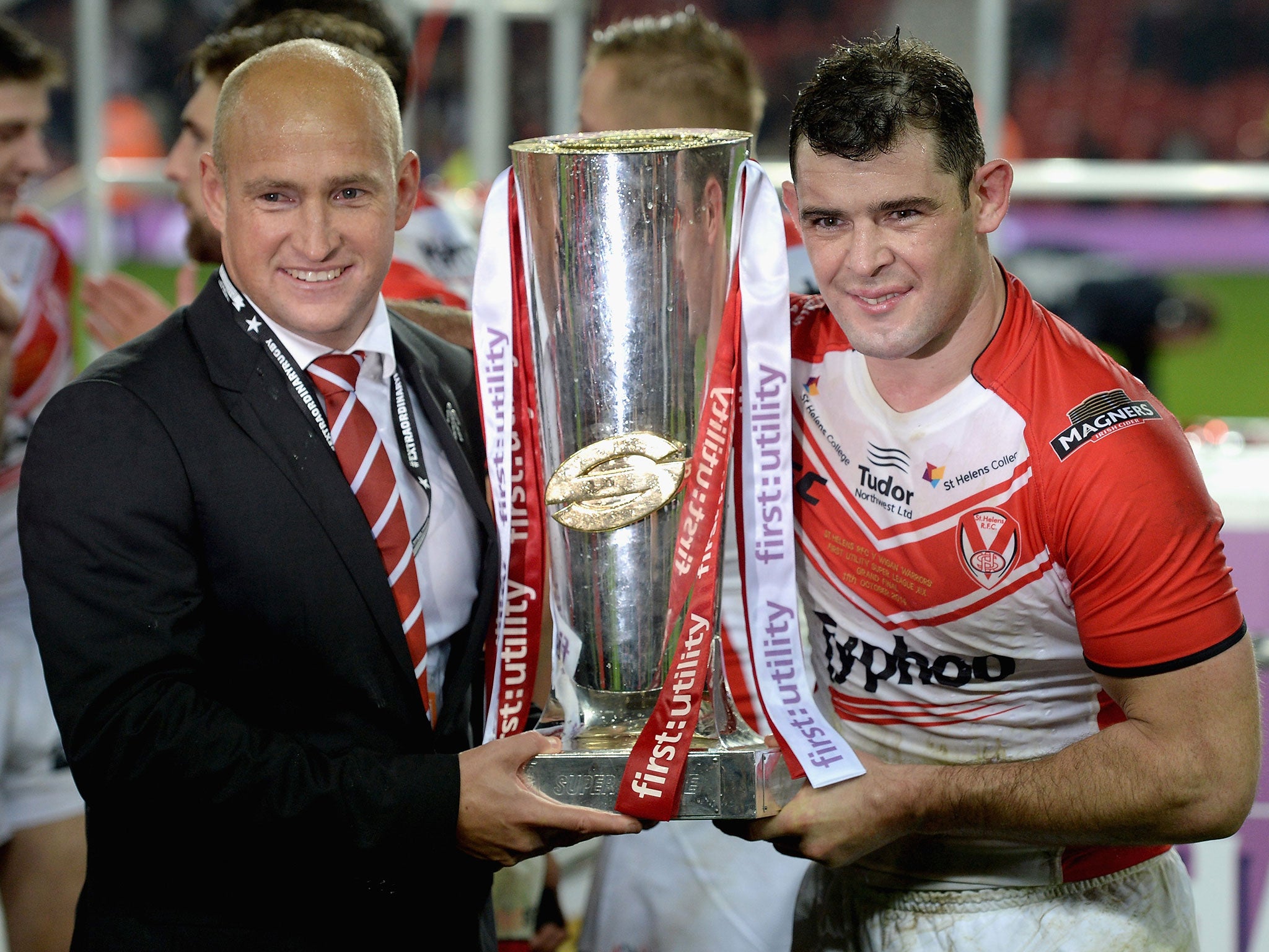 St Helens' former coach Nathan Brown with Wellens and the Super League trophy