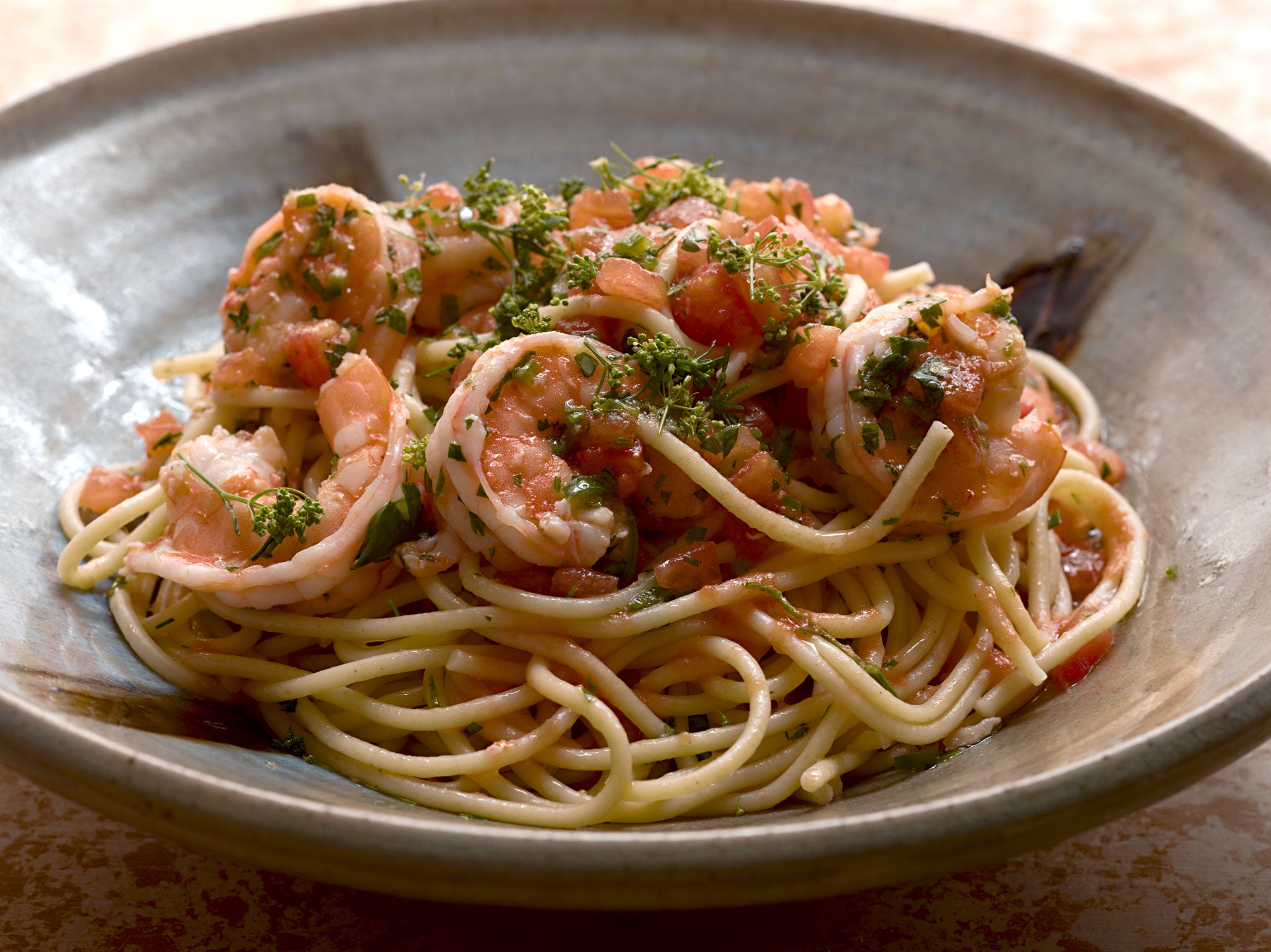 Pasta and prawn salad is a great way to use the shells from seafood