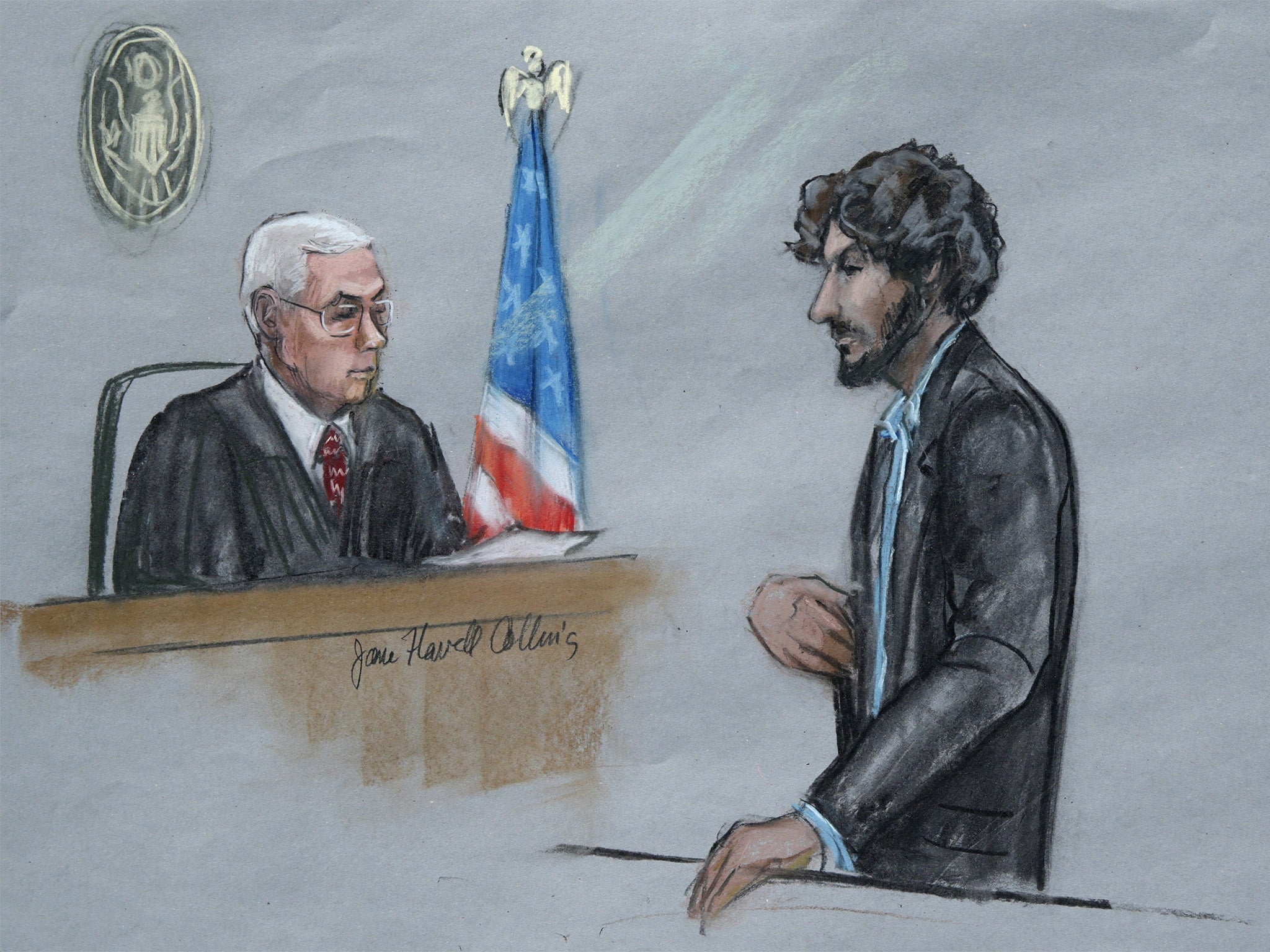 Boston Marathon bomber Dzhokhar Tsarnaev stands before US District Judge George O’Toole Jnr as he addresses the court during his sentencing