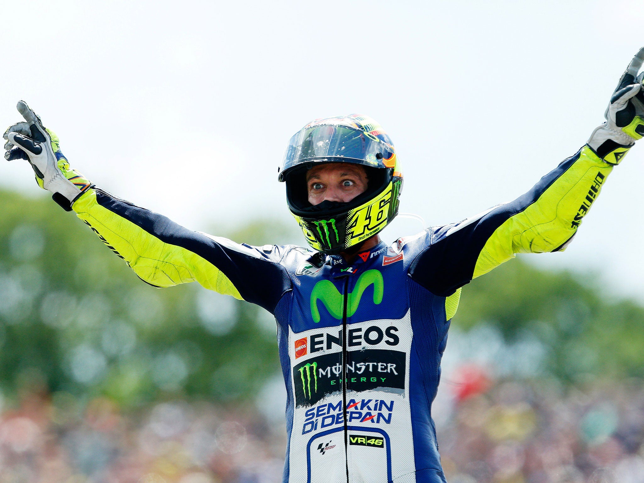 Valentino Rossi celebrates his victory during the Dutch MotoGP race in Assen