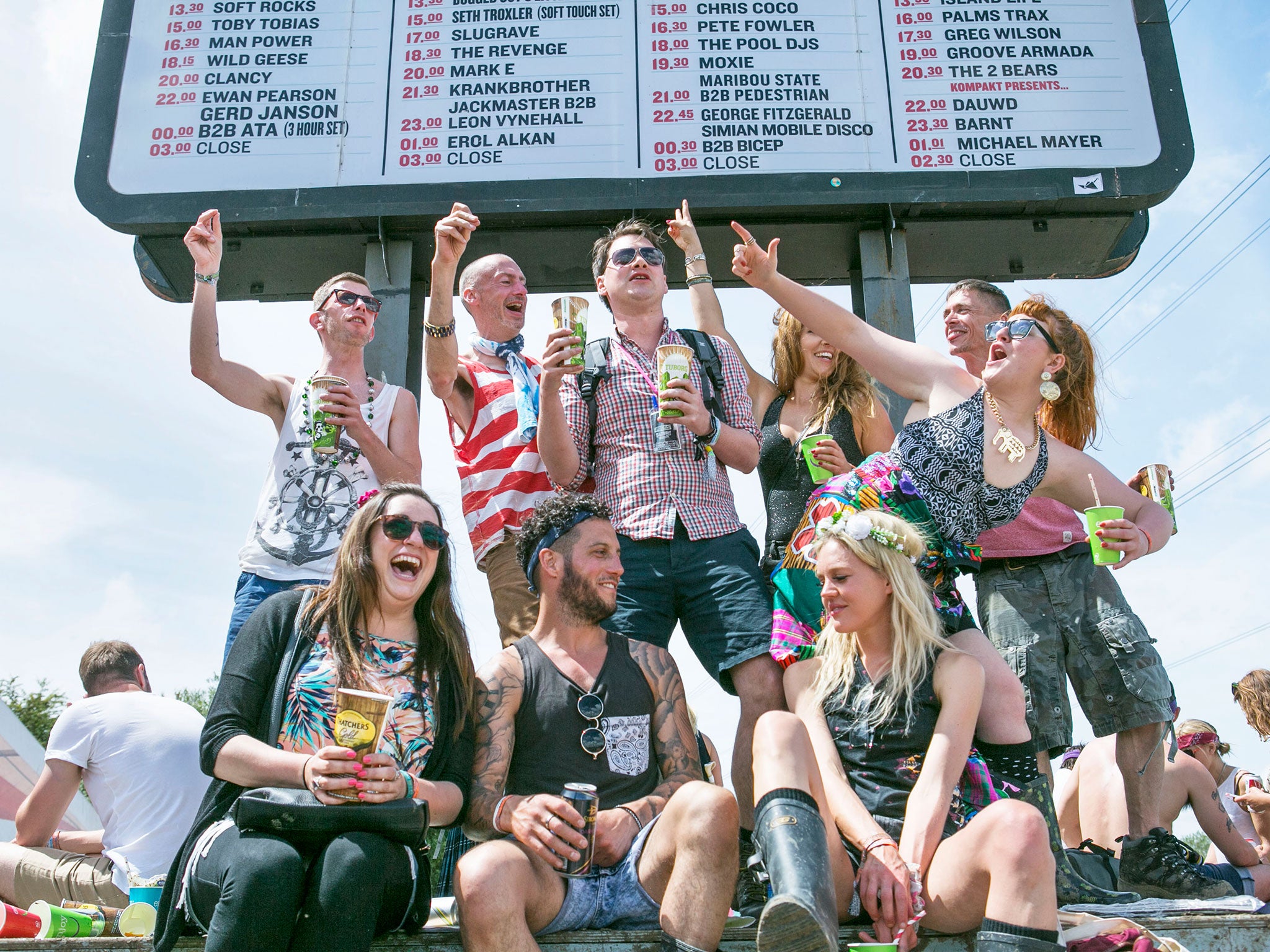 Jamie Merrill (centre, check shirt) dances at the Beat Hotel at Glastonbury