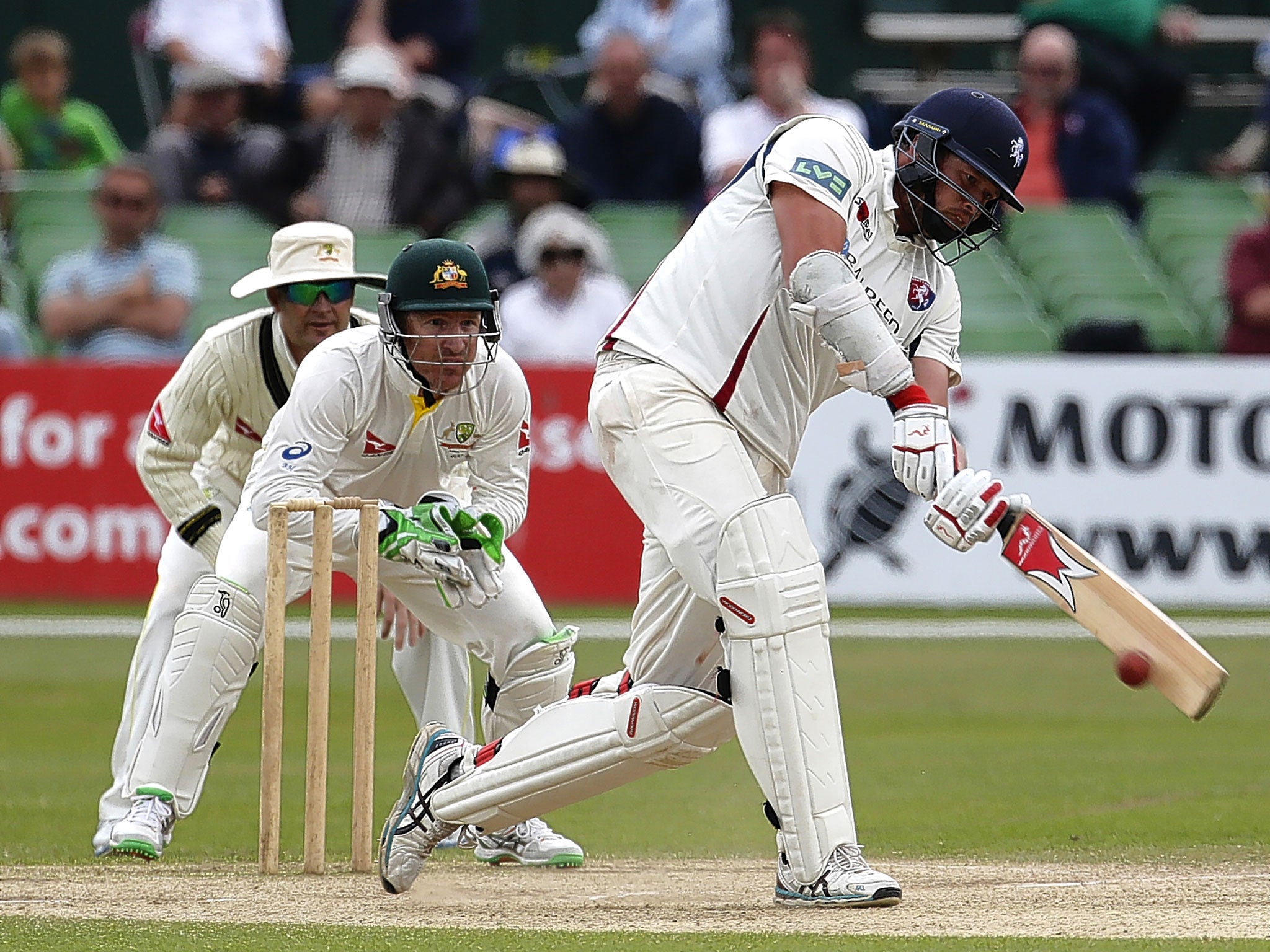 Mitchell Claydon goes for another big hit during his quickfire 53 off just 27 balls against Australia on Sunday. The tourists, though, still ran out comfortable winners by 255 run