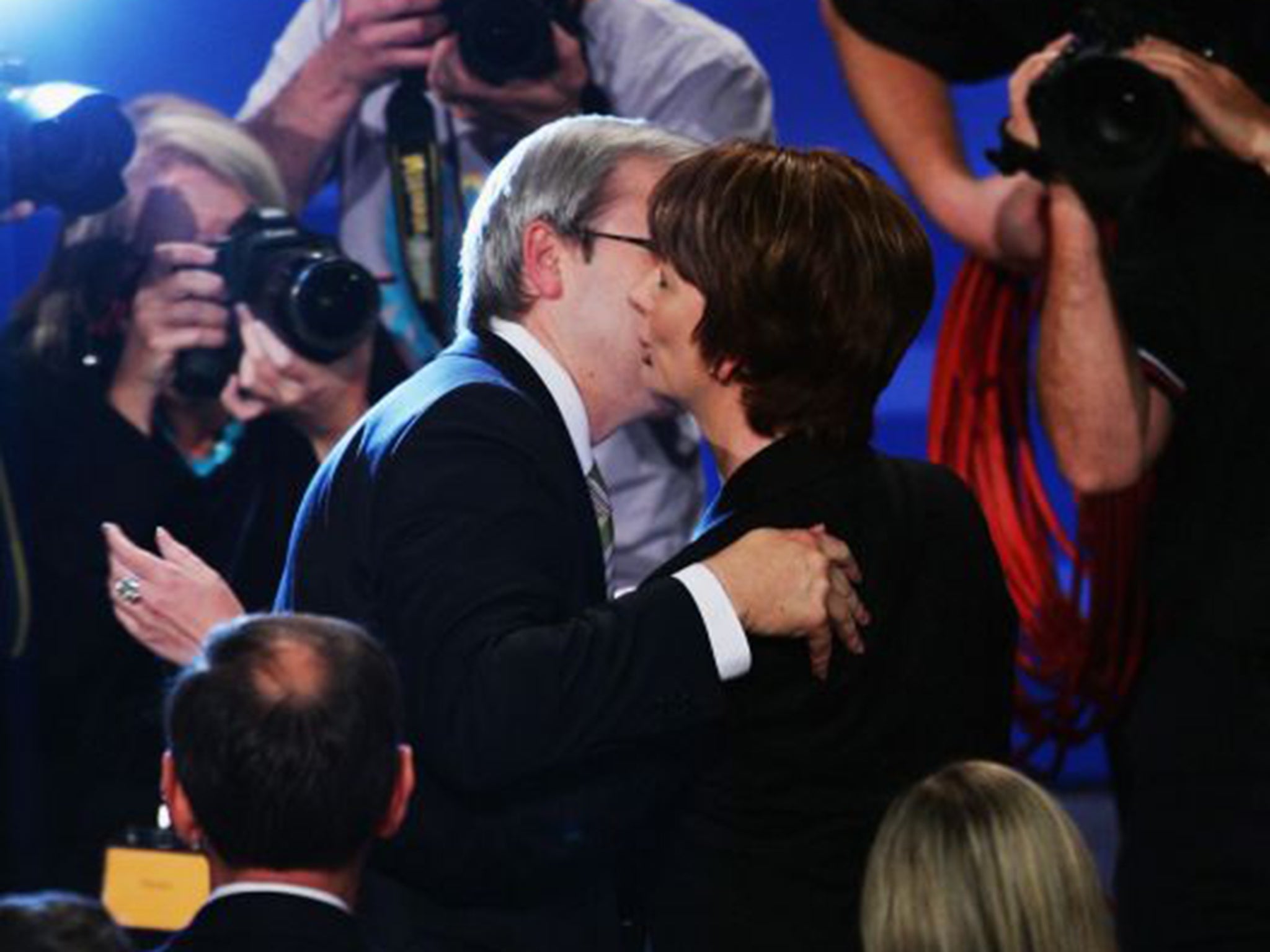 Kevin Rudd embraces his then deputy, Julia Gillard, in 2007, before the party came to power