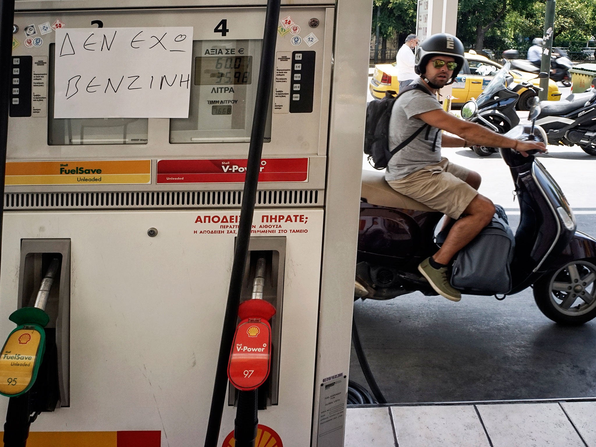 A notice at a petrol station reads 'No Fuel' in Athens