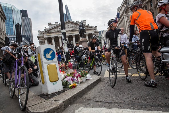 Cyclists gather at Bank junction last week to remember Ying Tao, 26, who became the eighth cyclist to be killed in London this year