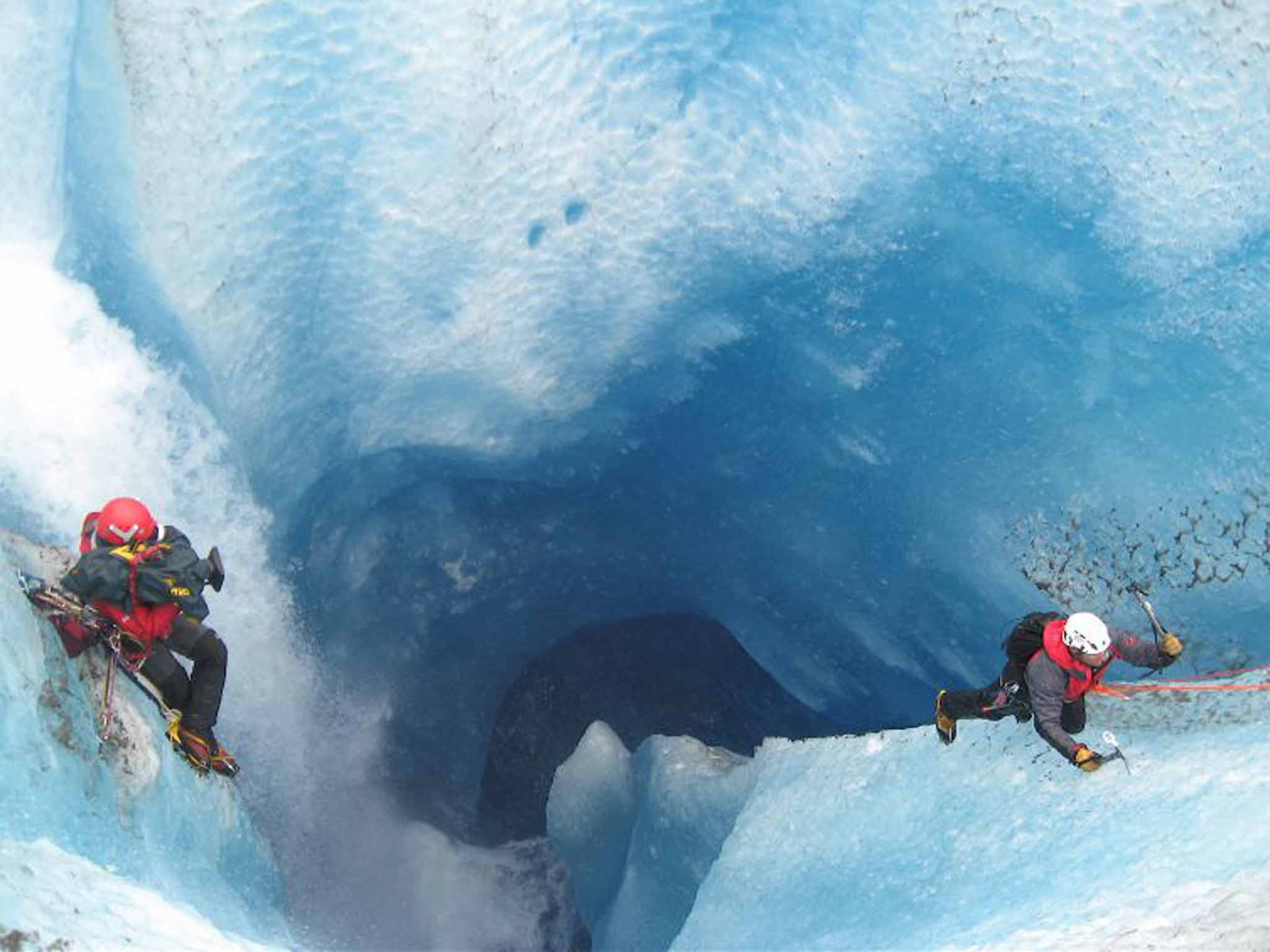 Keith Partridge filming Steve Backshall, the adventurer, in a glacier in Alaska