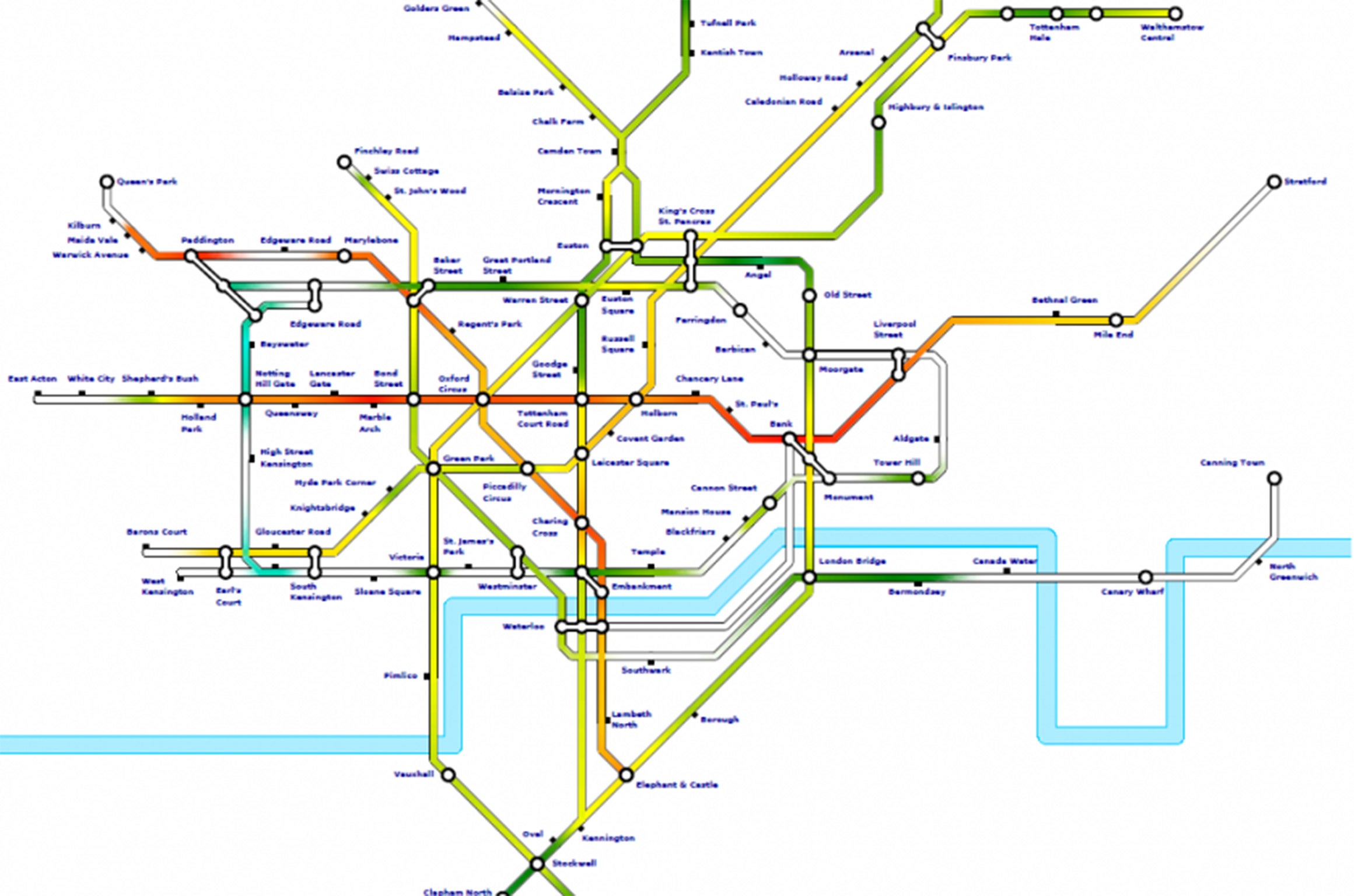 A heat map showing the hottest (red) and coolest (blue) underground lines based on data gathered throughout August 2013, taken between 4pm and 7pm (credit: TFL)