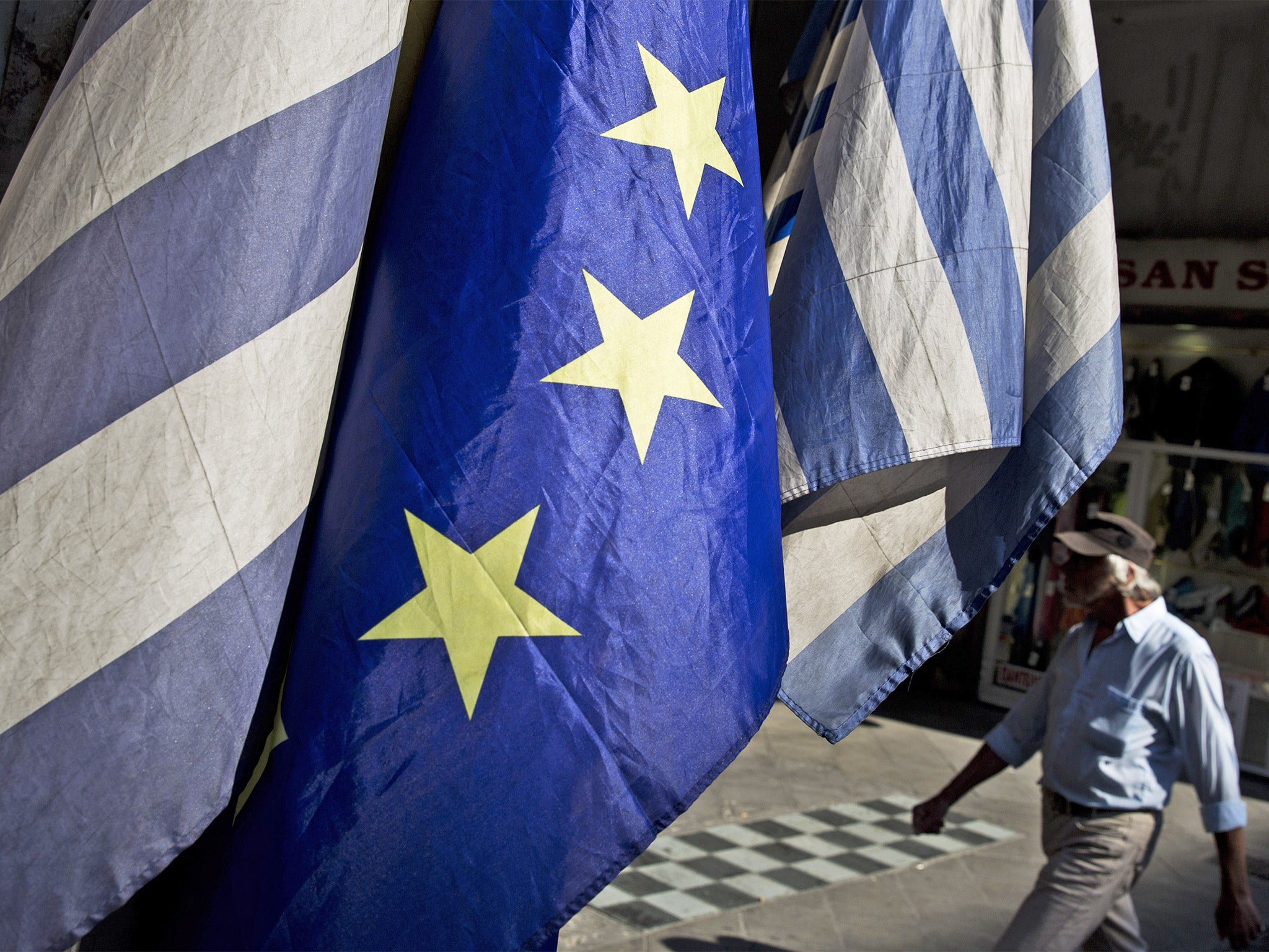 European and Greek flags in central Athens