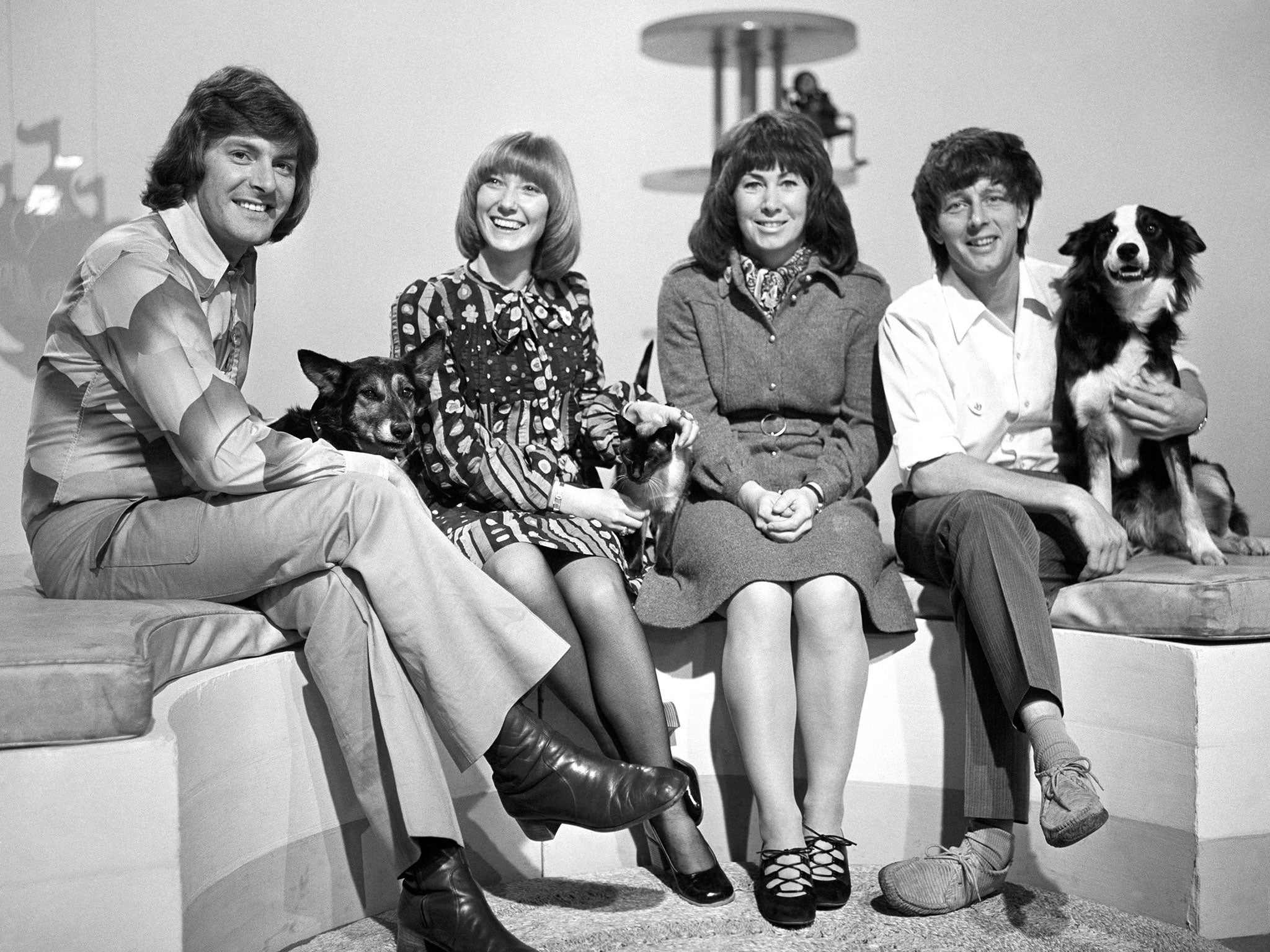 Blue Peter' presenters in 1972 (from the left) Peter Purves, Lesley Judd, Valerie Singleton and John Noakes with his dog 'Shep,