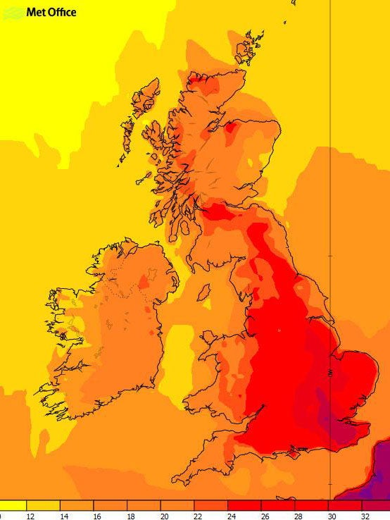 The Met Office said the heatwave was peaking on Wednesday, with 35C expected in places