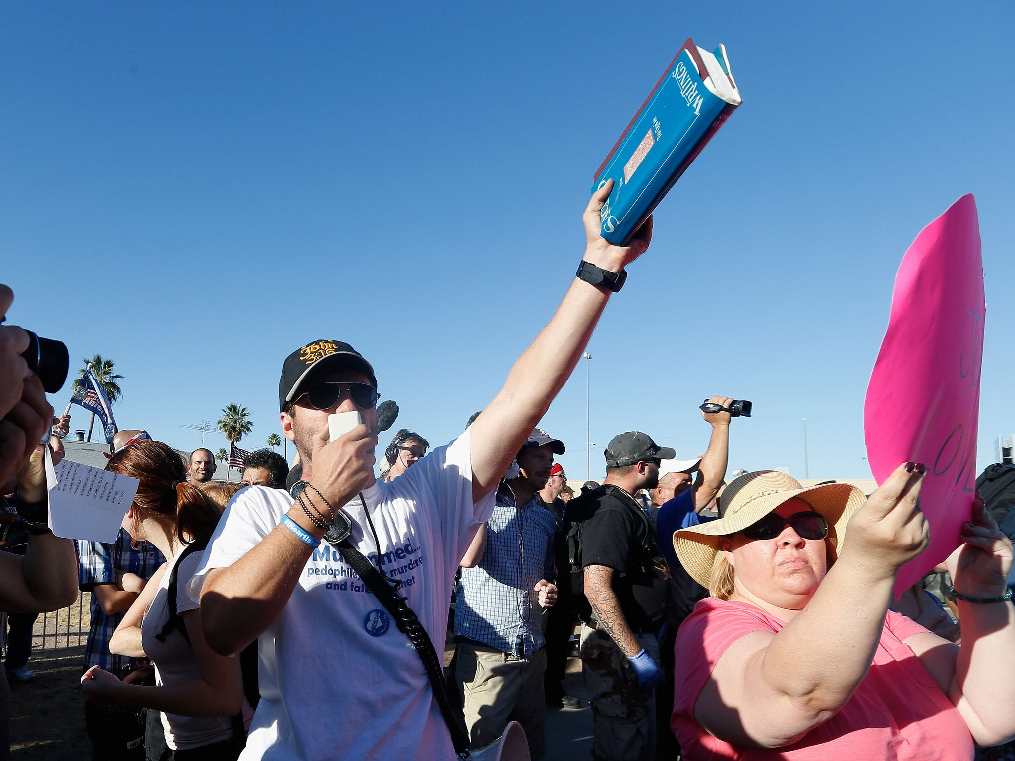 Protesters in Phoenix, Arizona, during a 'draw Mohammed' event outside an Islamic community centre in May