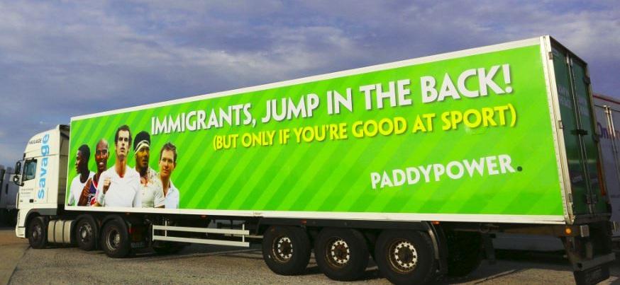 Paddy Power's latest publicity stunt invites immigrants to 'jump in the back' of their van but only if they're 'good at sport'