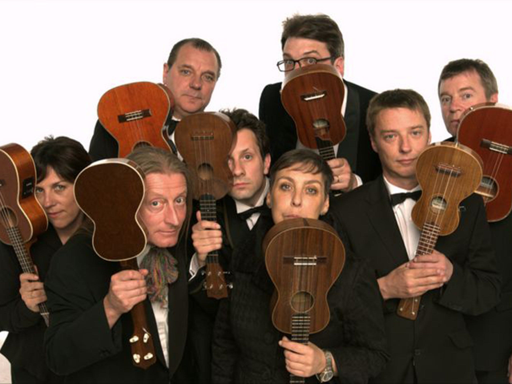 The Ukulele Orchestra of Great Britain, above, felt the United Kingdom Ukulele Orchestra copied their act