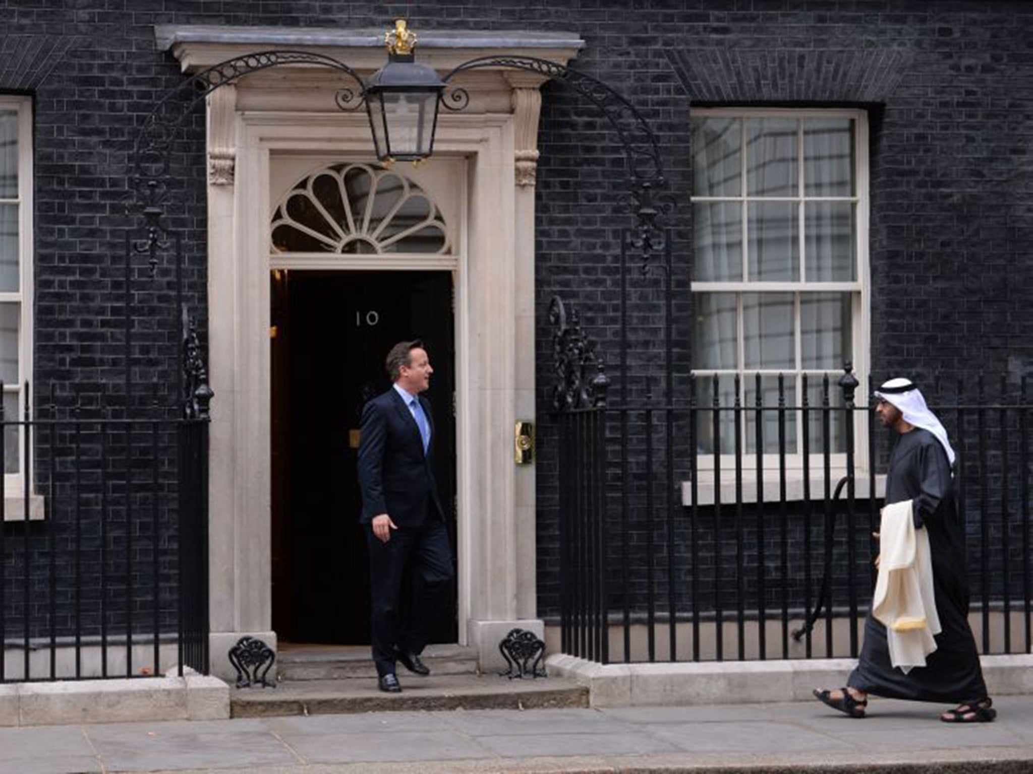 David Cameron greeted Crown Prince Mohammed bin Zayed Al Nahyan of Abu Dhabi on Thursday, ahead of talks at 10 Downing Street