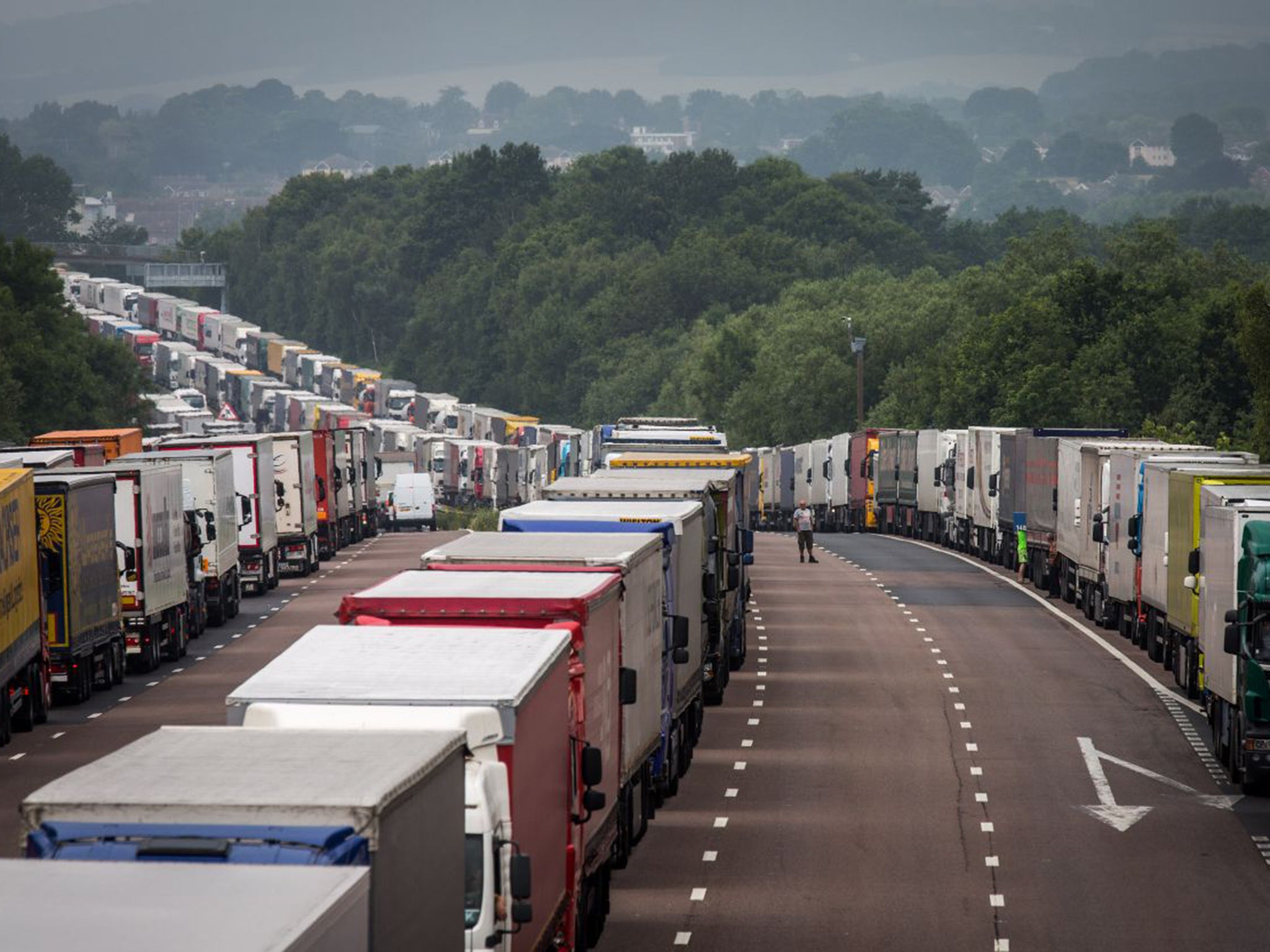 Lorries parked along the M20 at Ashford, Kent