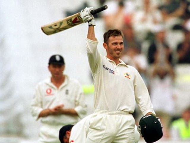 <p>Damien Martyn celebrates his maiden Test century against England in 2001</p>
